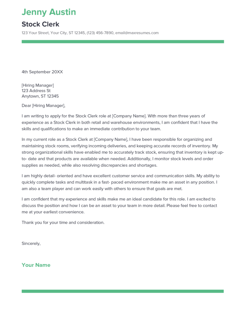 Best Stock Clerk Cover Letter Example For 2023   Stock Clerk Cover Letter Sample 791x1024 