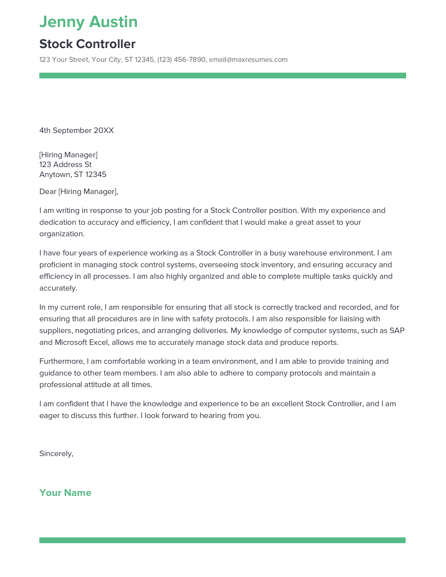 store controller cover letter
