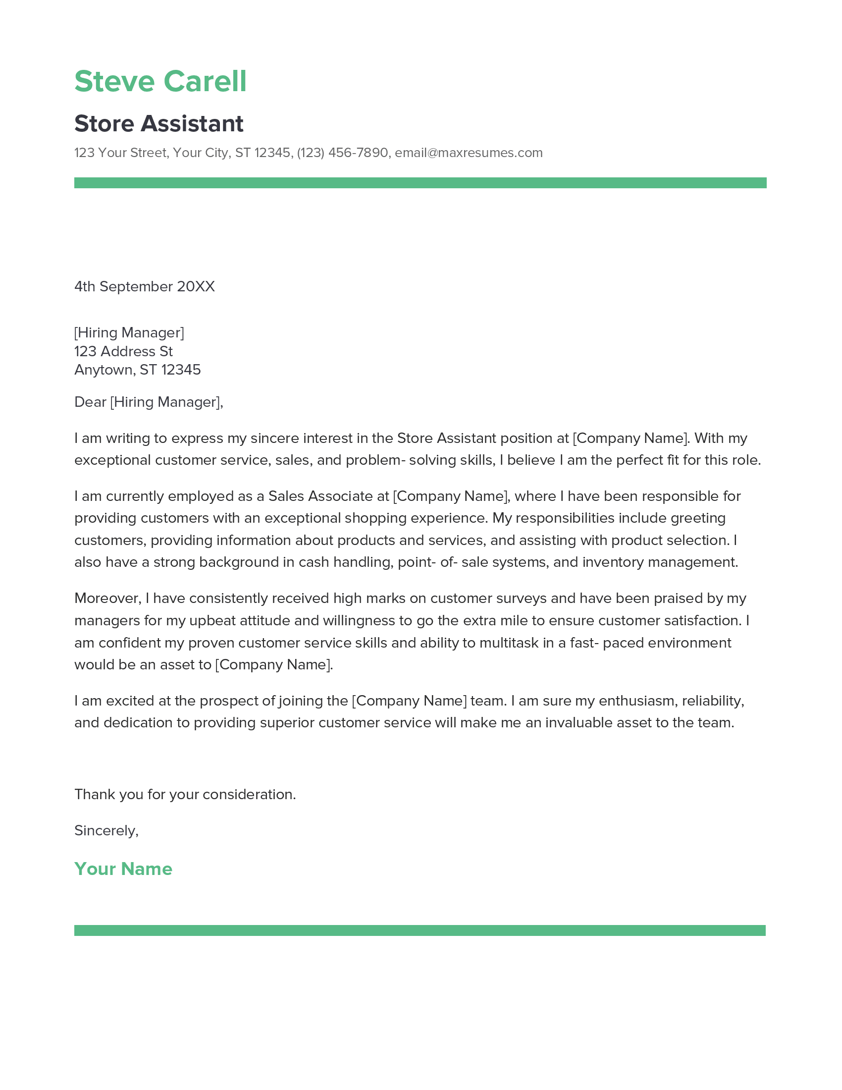 Store Assistant Cover Letter Example