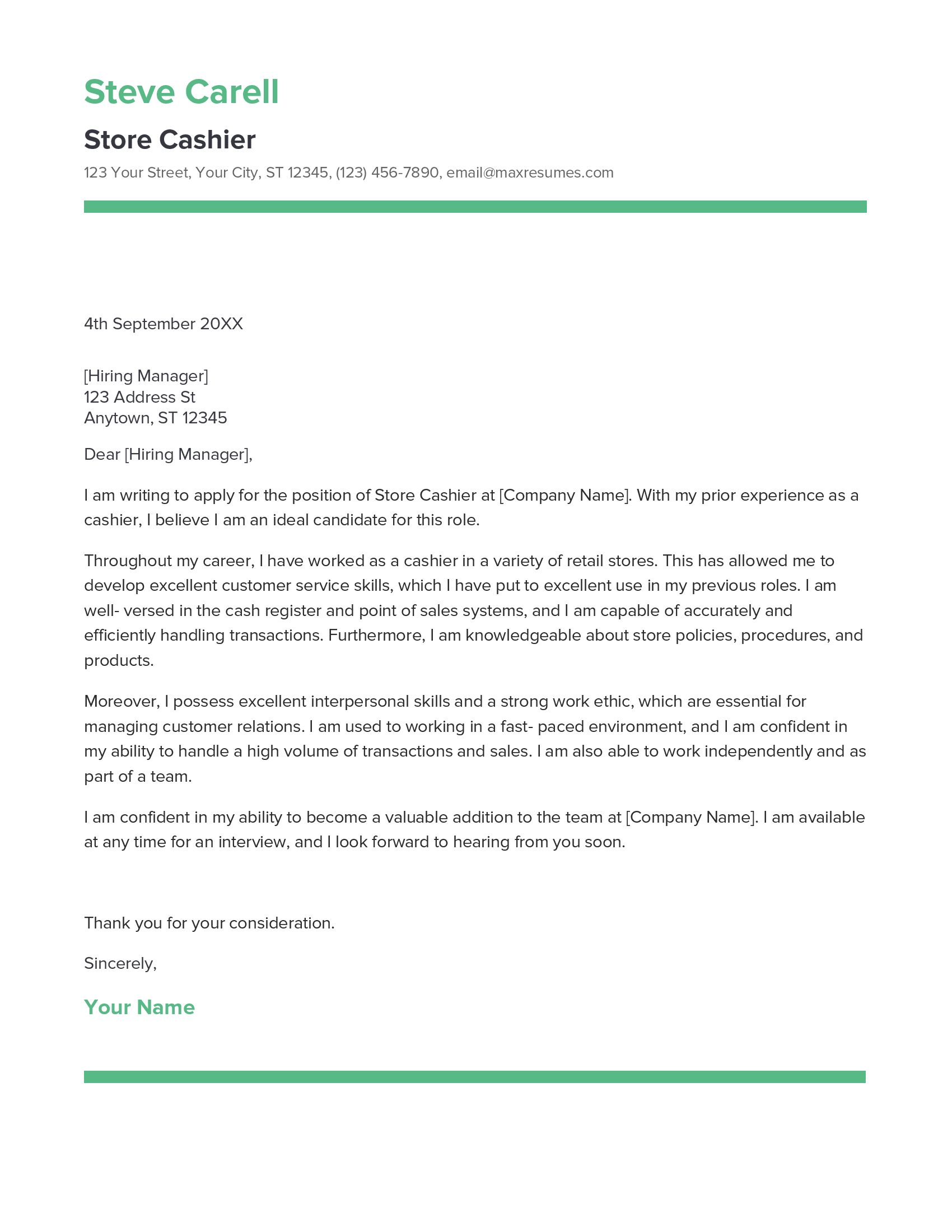 Store Cashier Cover Letter Example