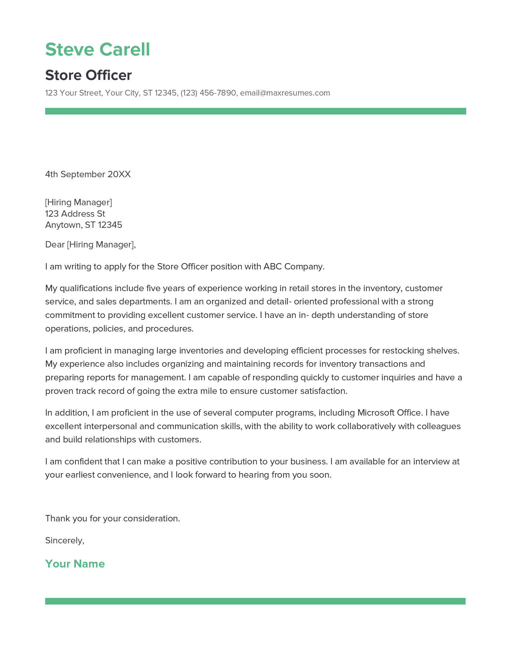 Store Officer Cover Letter Example