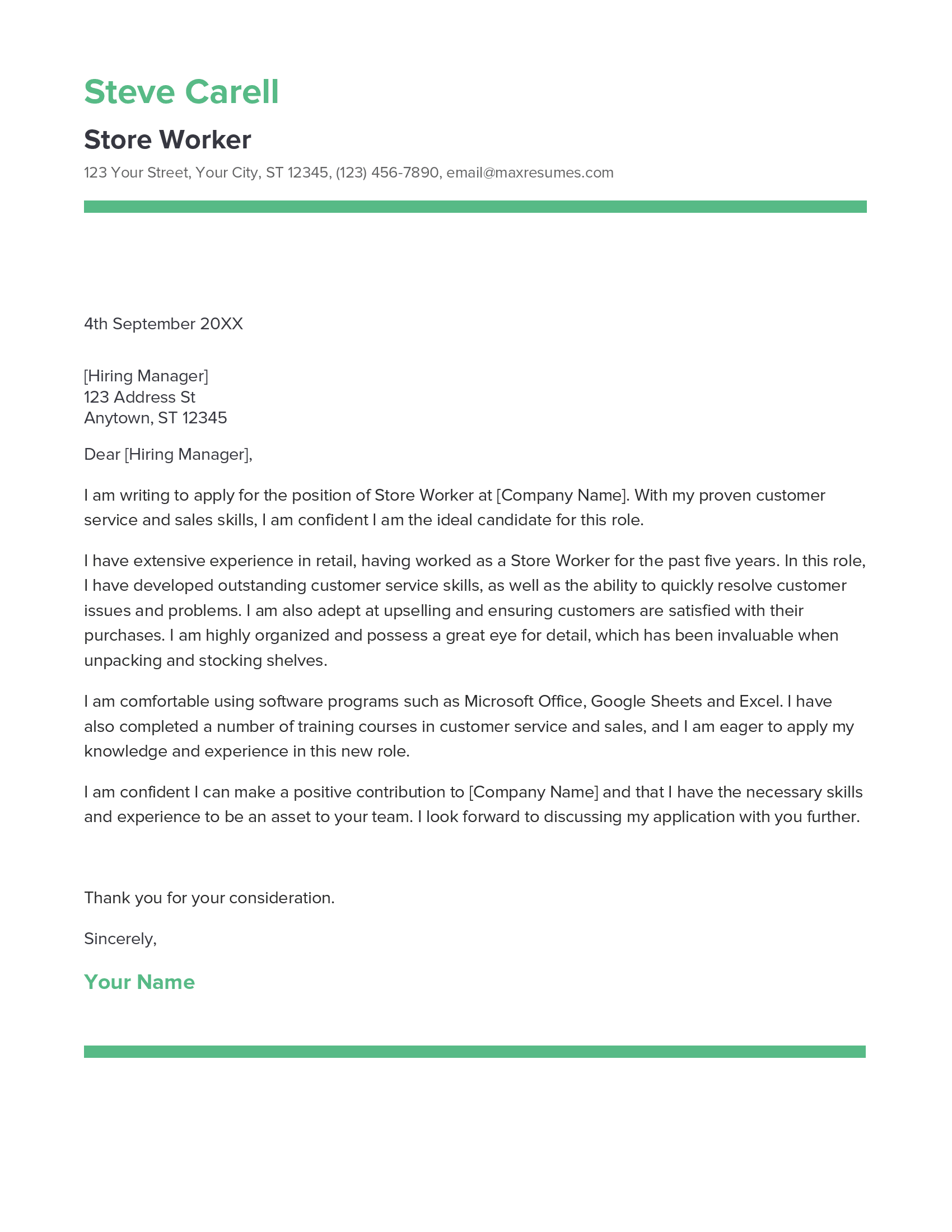 Store Worker Cover Letter Example