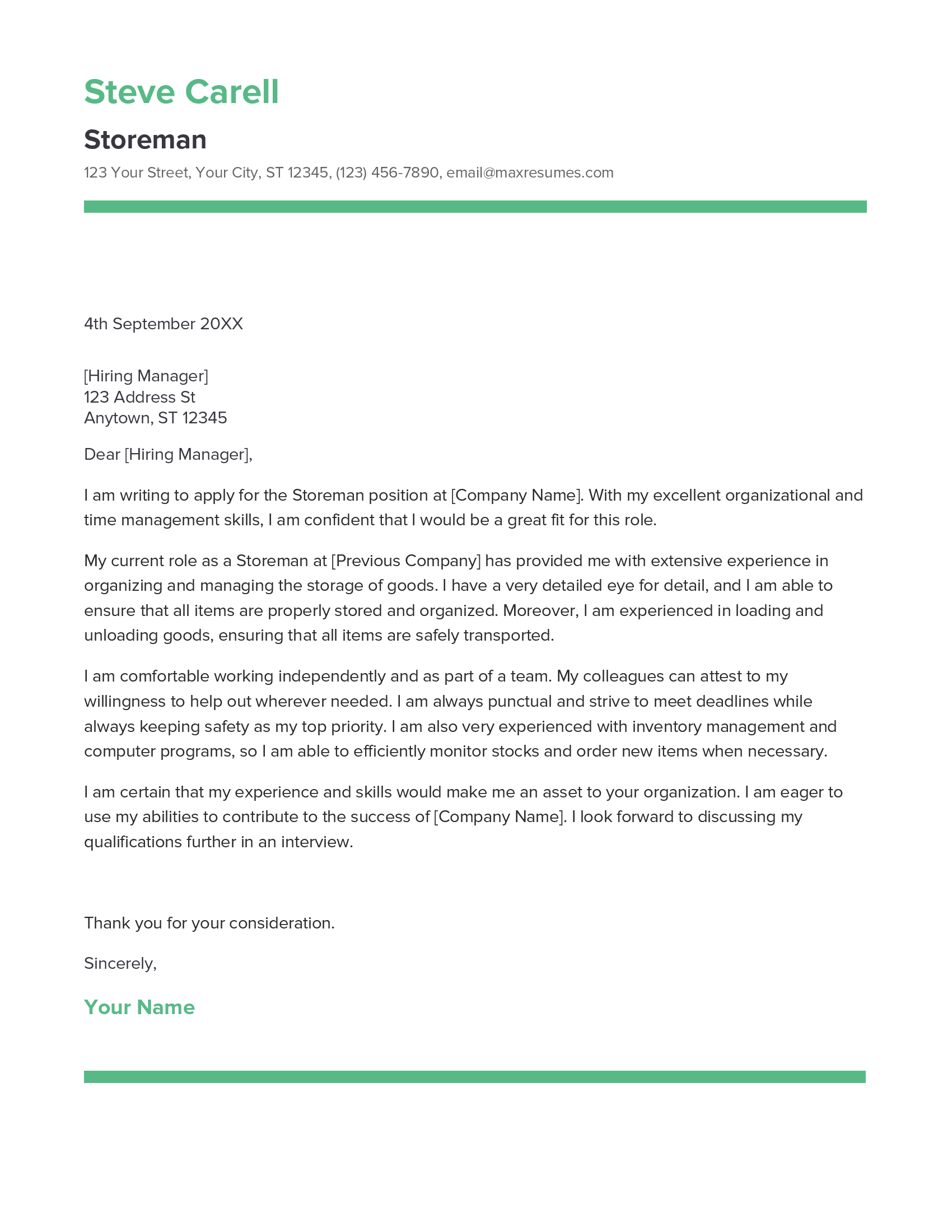 Storeman Cover Letter Example