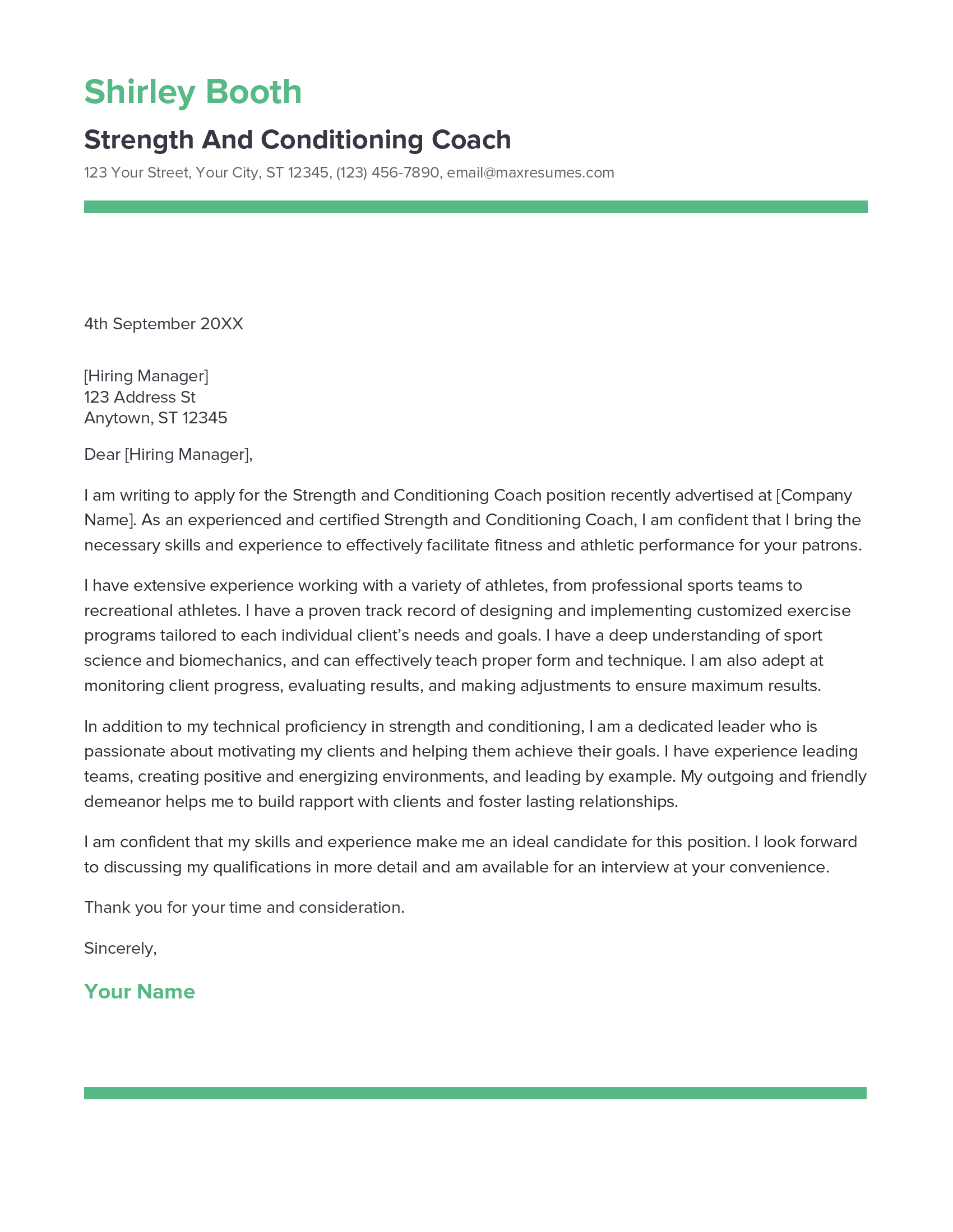 Strength And Conditioning Coach Cover Letter Example