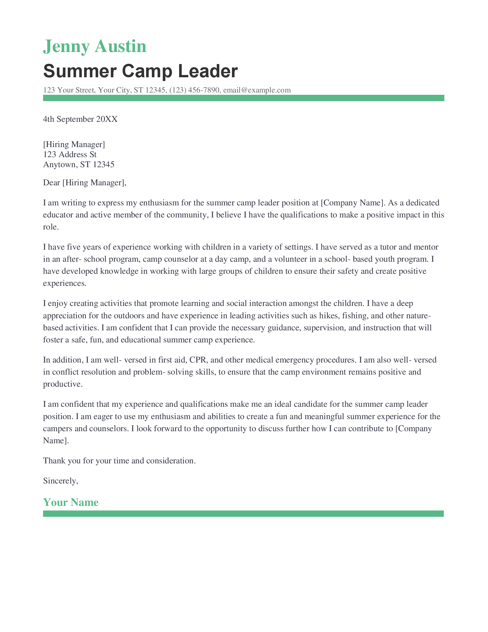 cover letter for a summer camp job