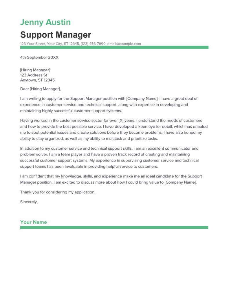 support manager cover letter