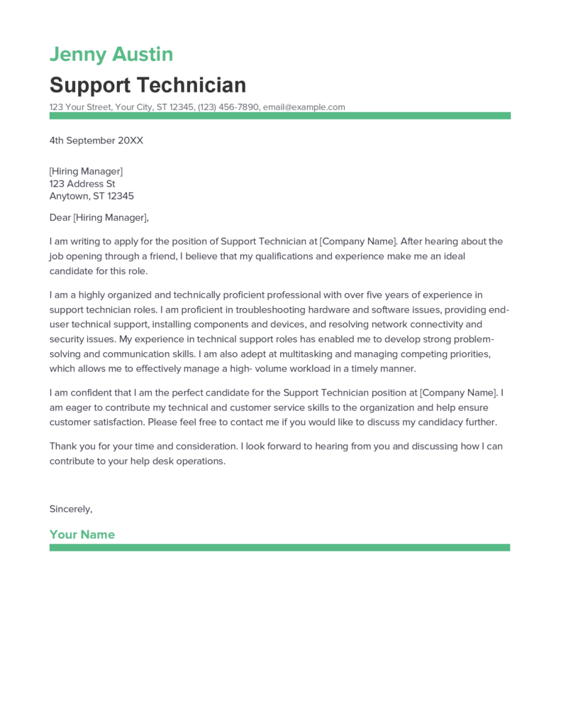 Best Support Technician Cover Letter Example For 2023   Support Technician Cover Letter 791x1024 