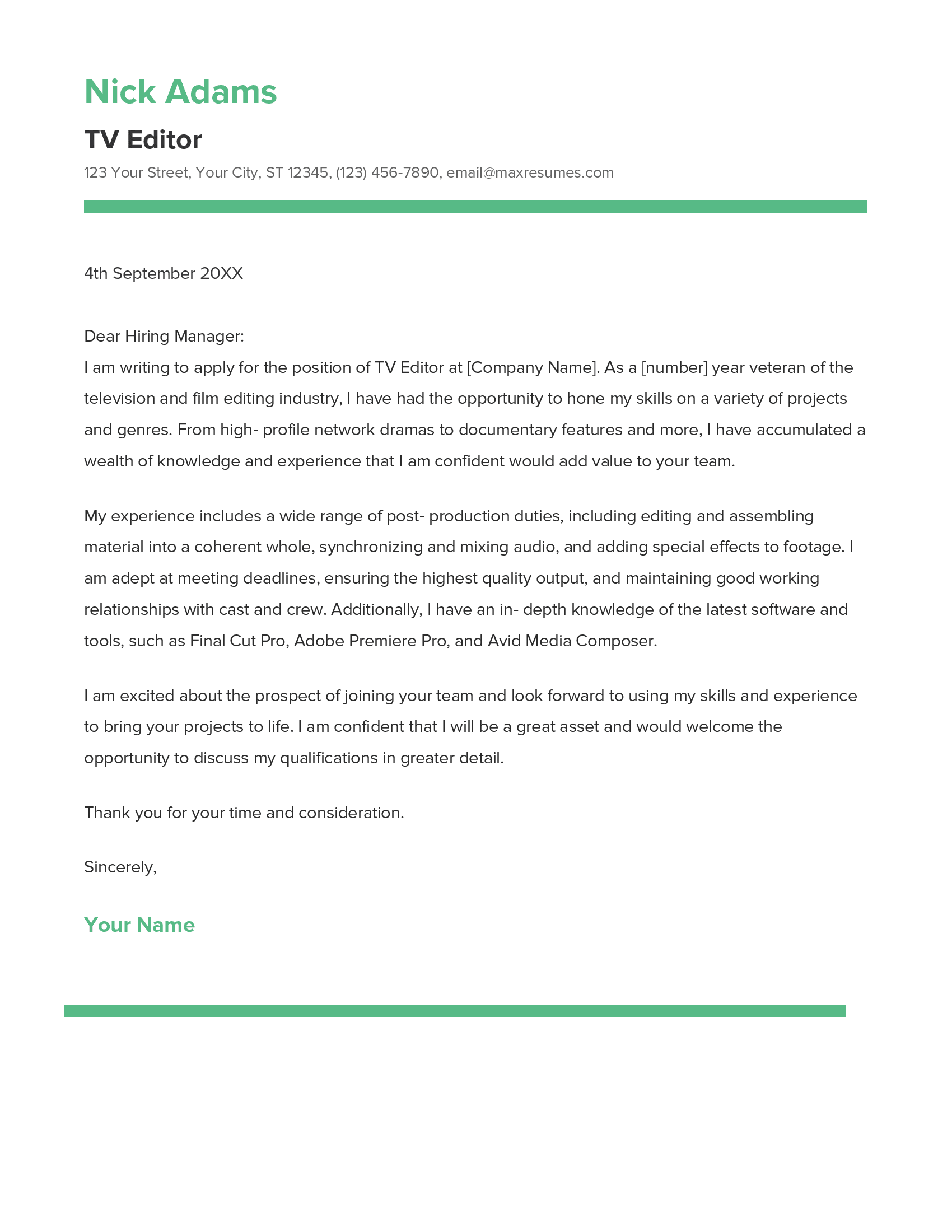 TV Editor Cover Letter Example