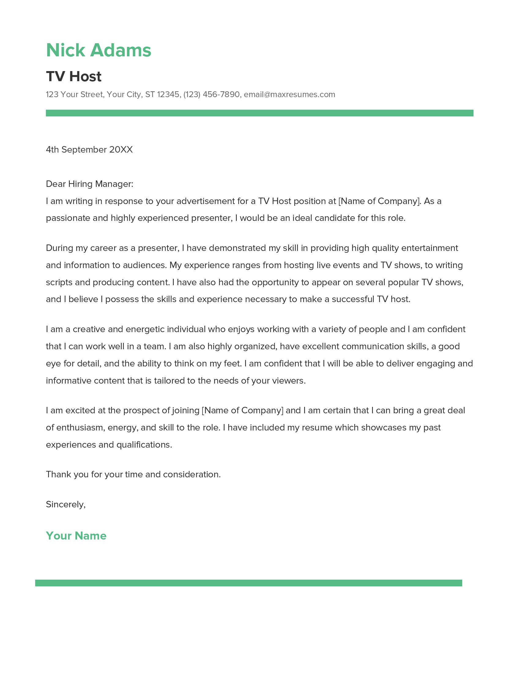 TV Host Cover Letter Example