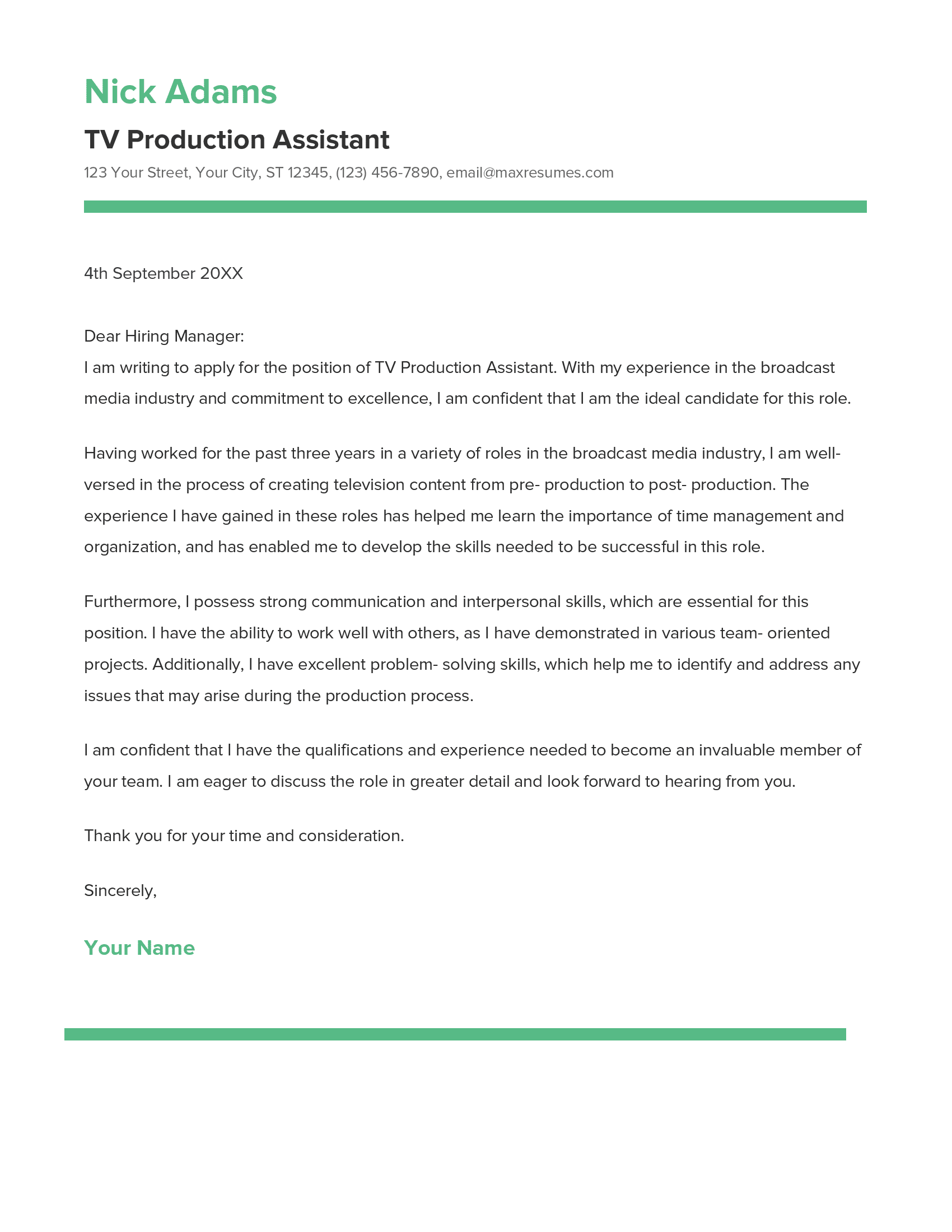 TV Production Assistant Cover Letter Example