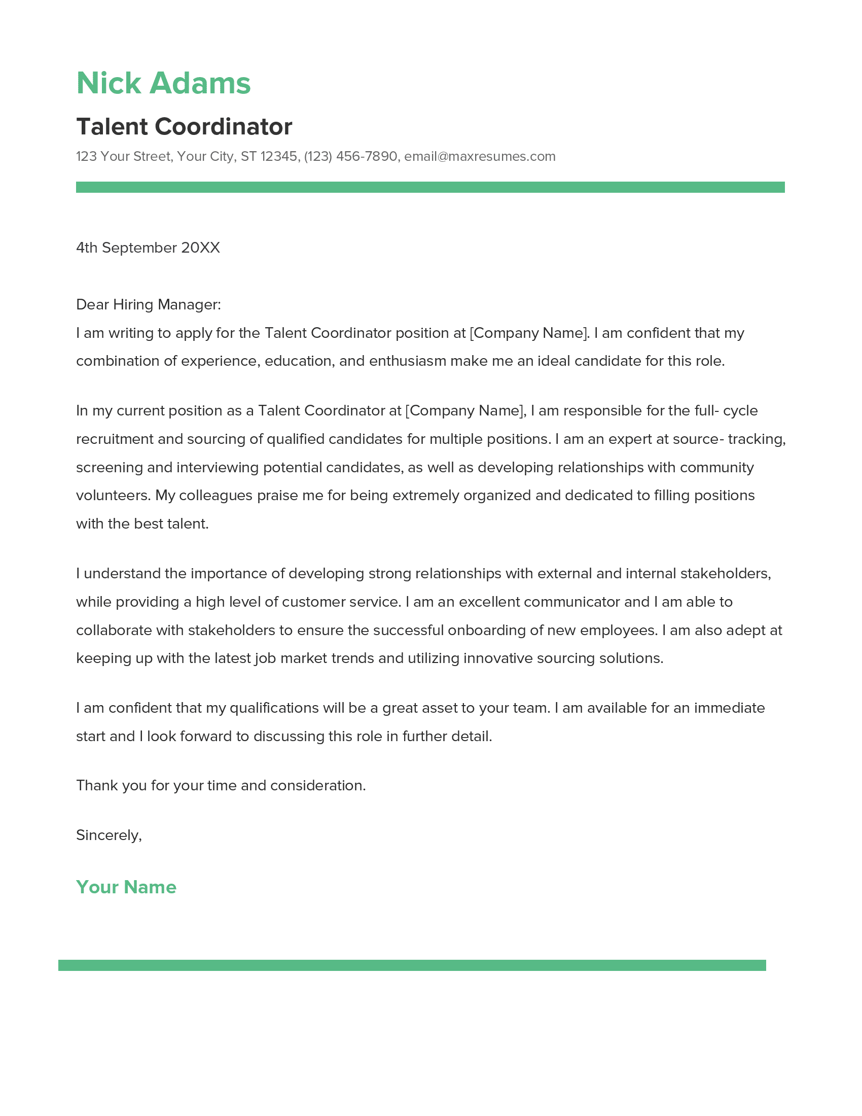 Talent Coordinator Cover Letter Example
