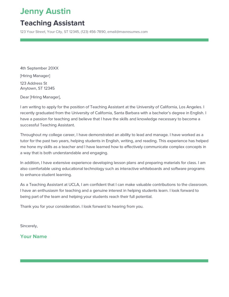 primary school teaching assistant cover letter