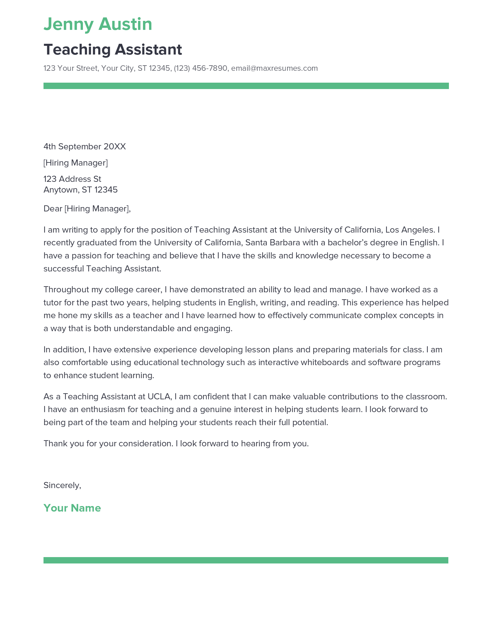 Best Teaching Assistant Cover Letter Example For 2023