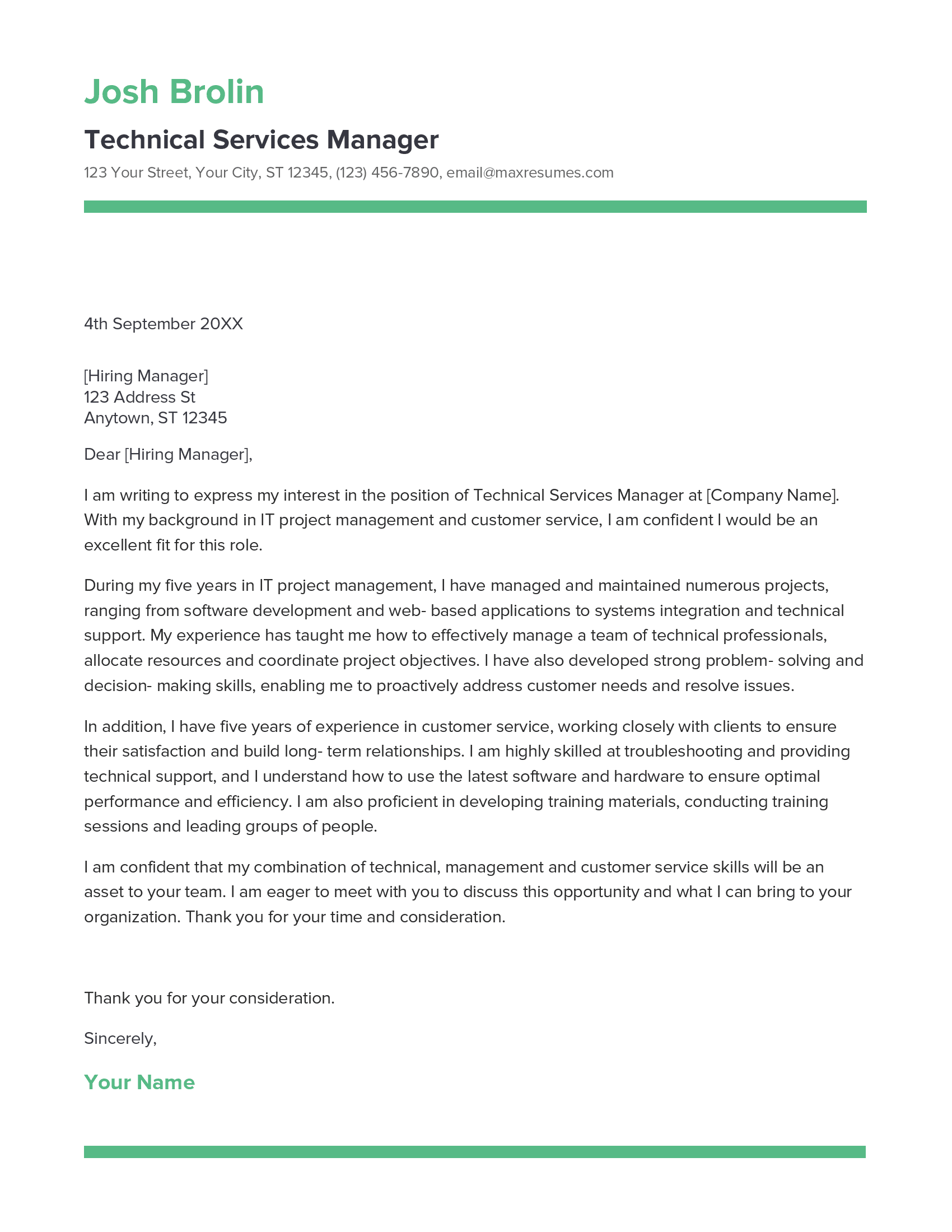 Technical Services Manager Cover Letter Example