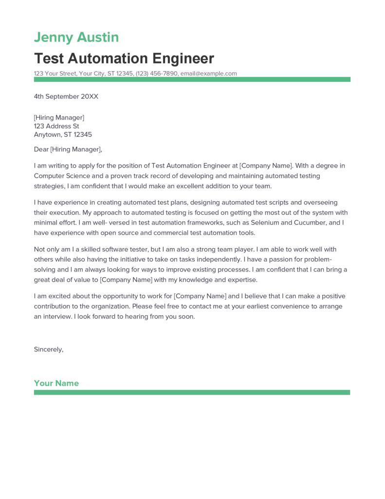 sample cover letter for automation test engineer