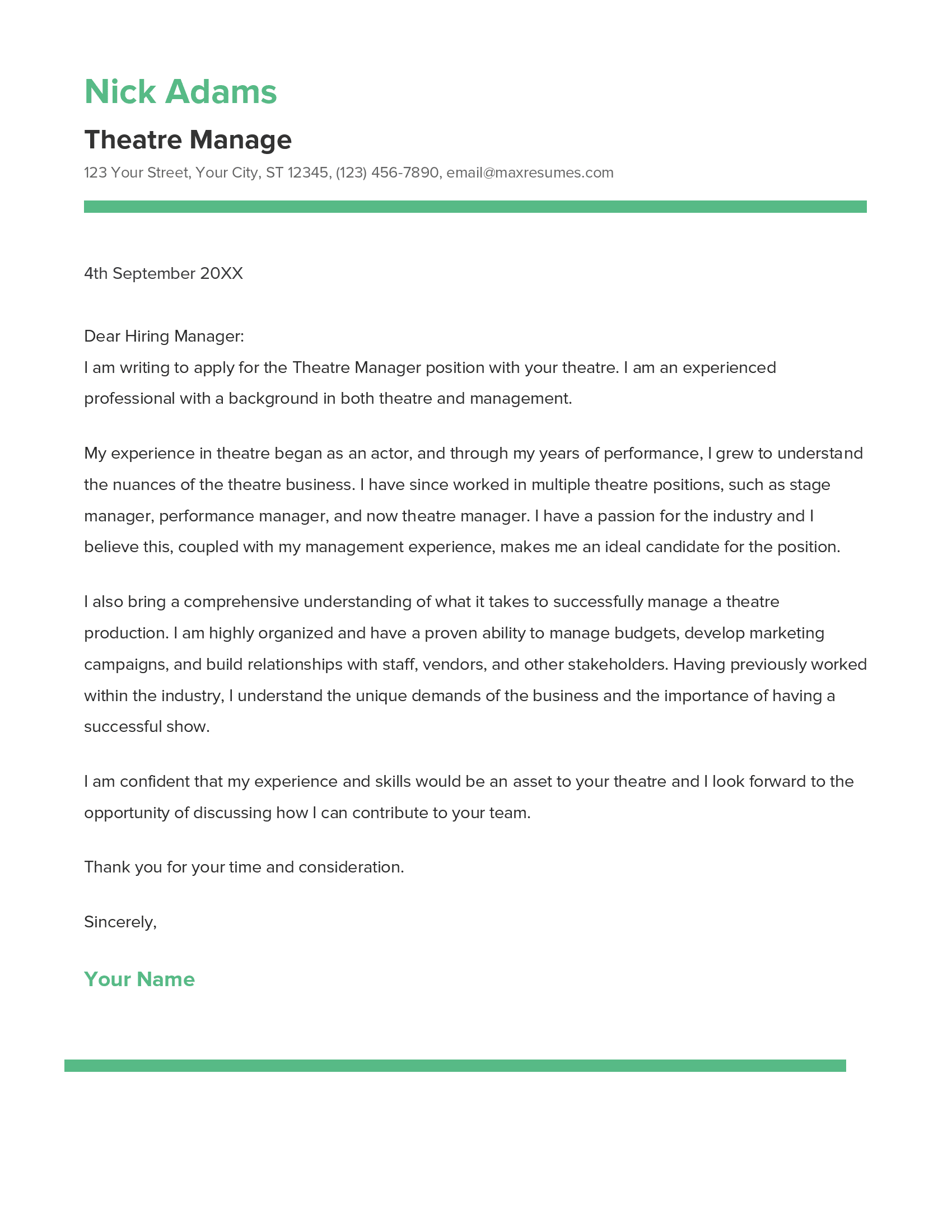 Theatre Manager Cover Letter Example