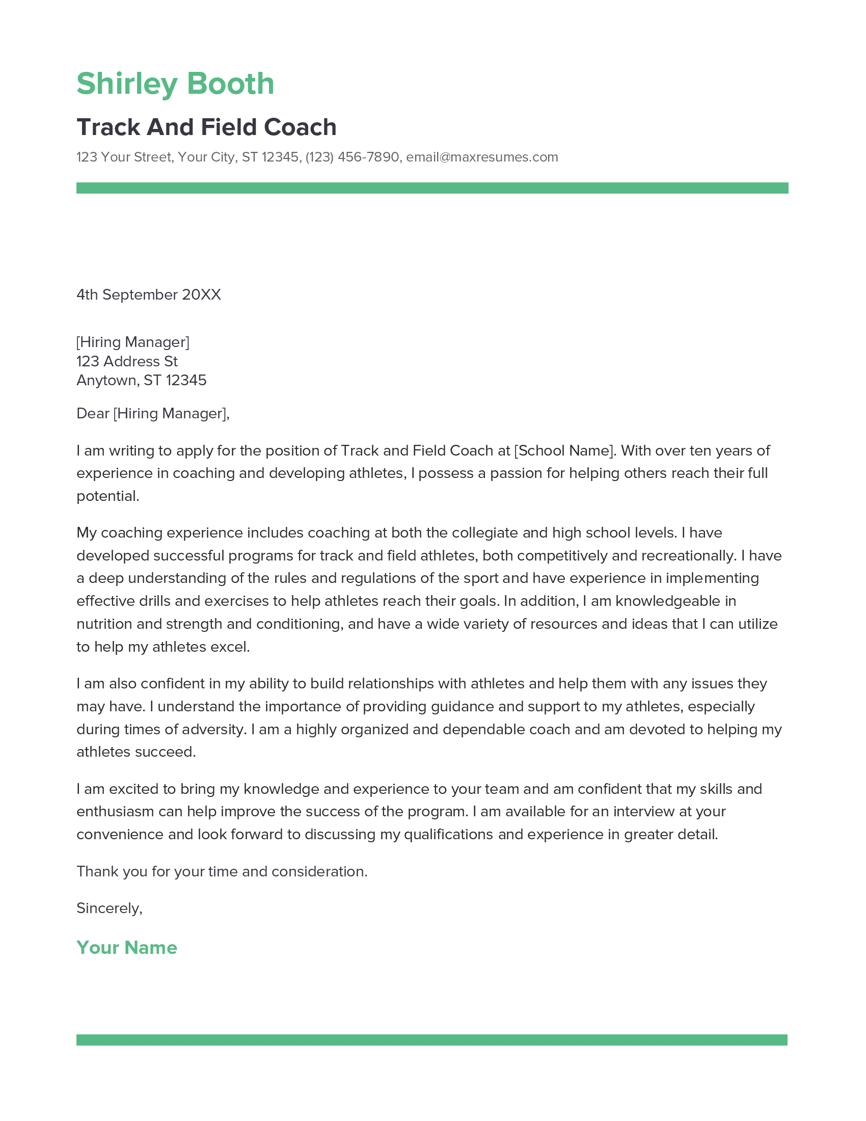 Track And Field Coach Cover Letter Example