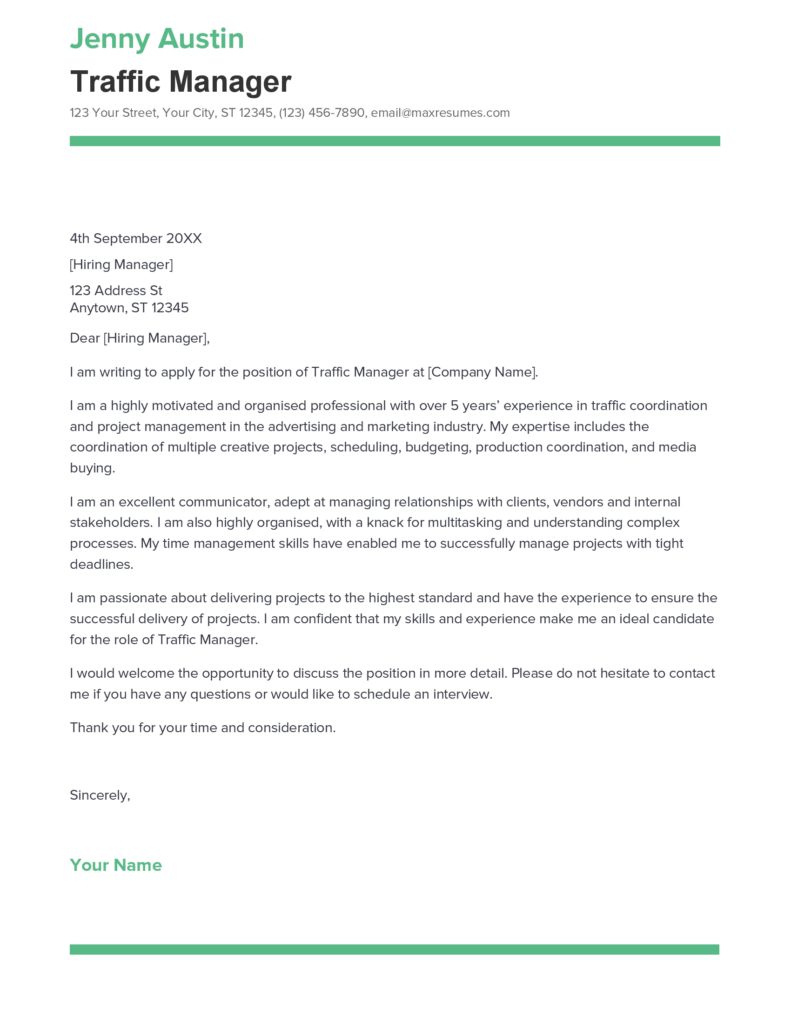 Best Traffic Manager Cover Letter Example for 2023