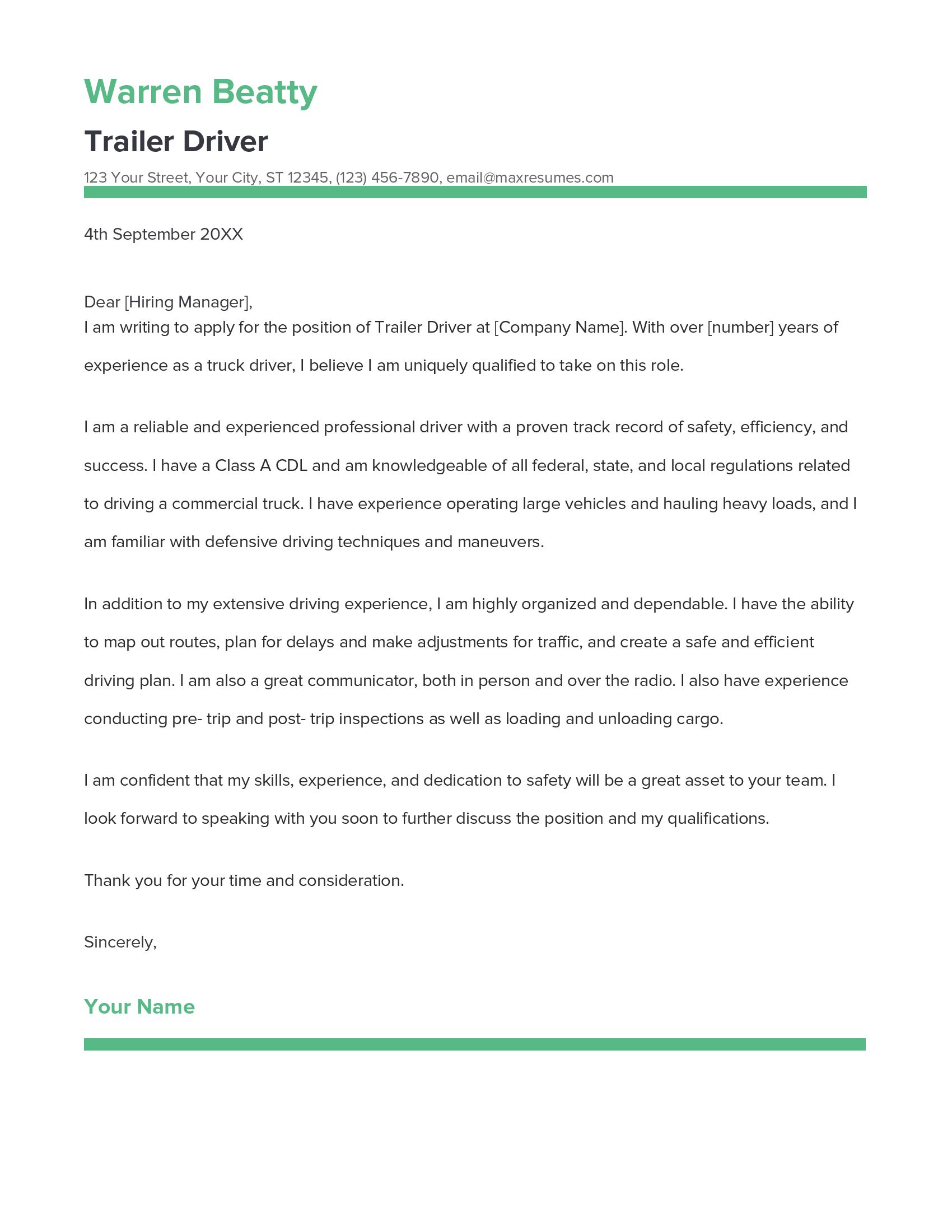 Trailer Driver Cover Letter Example