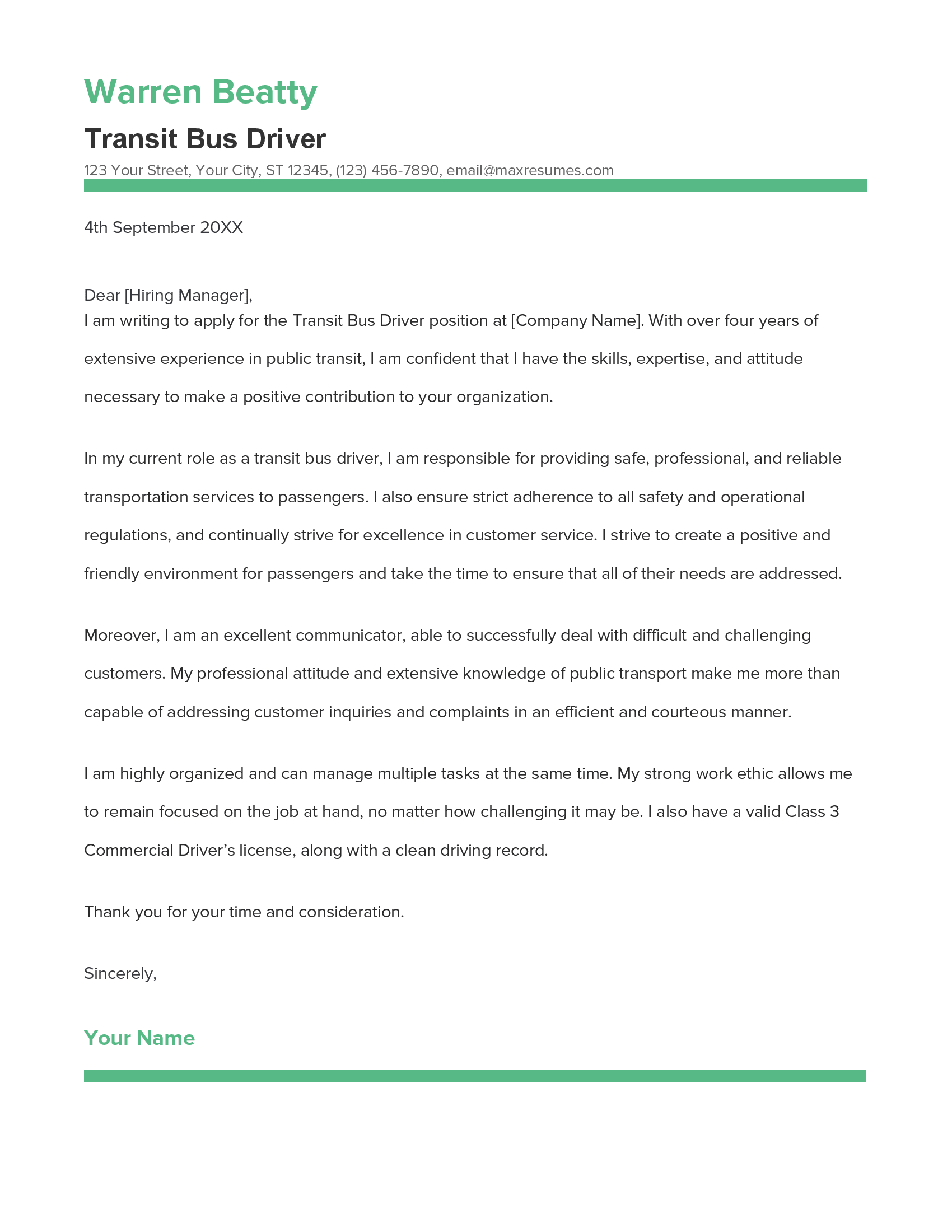 Transit Bus Driver Cover Letter Example