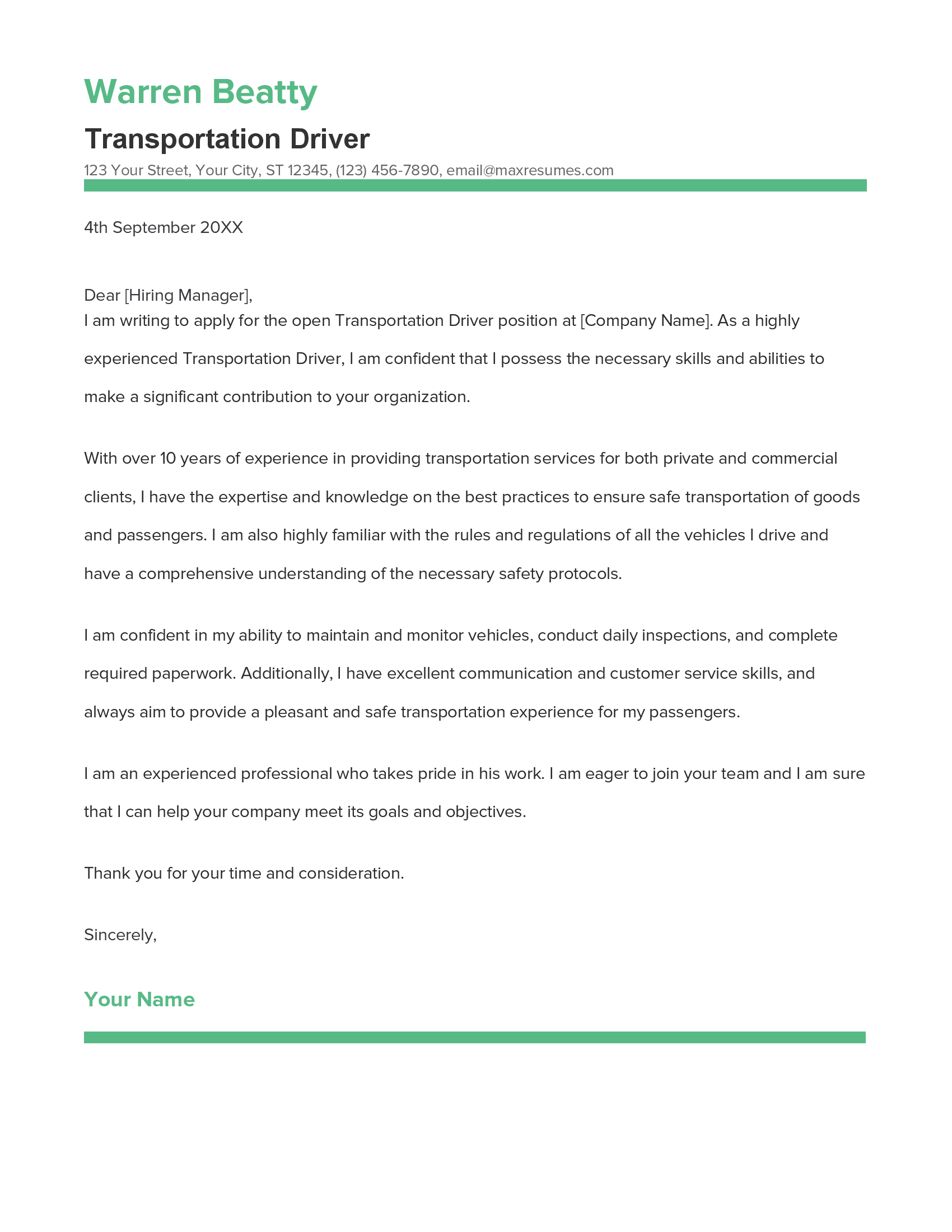 Transportation Driver Cover Letter Example