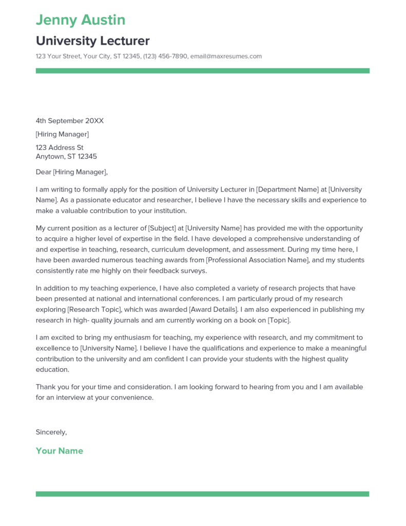 Best University Lecturer Cover Letter Example For 2023   University Lecturer Cover Letter Sample 791x1024 