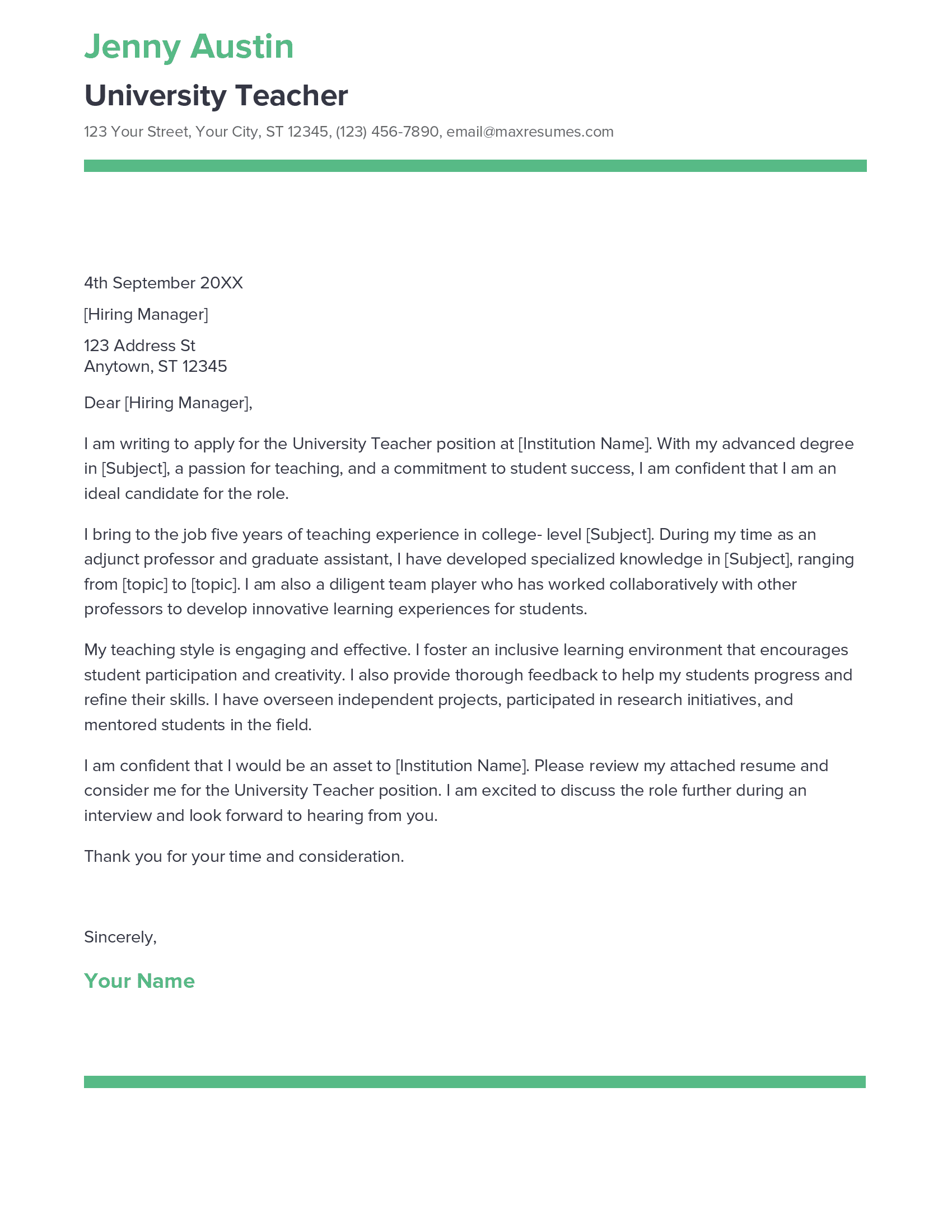 Best University Teacher Cover Letter Example For 2023