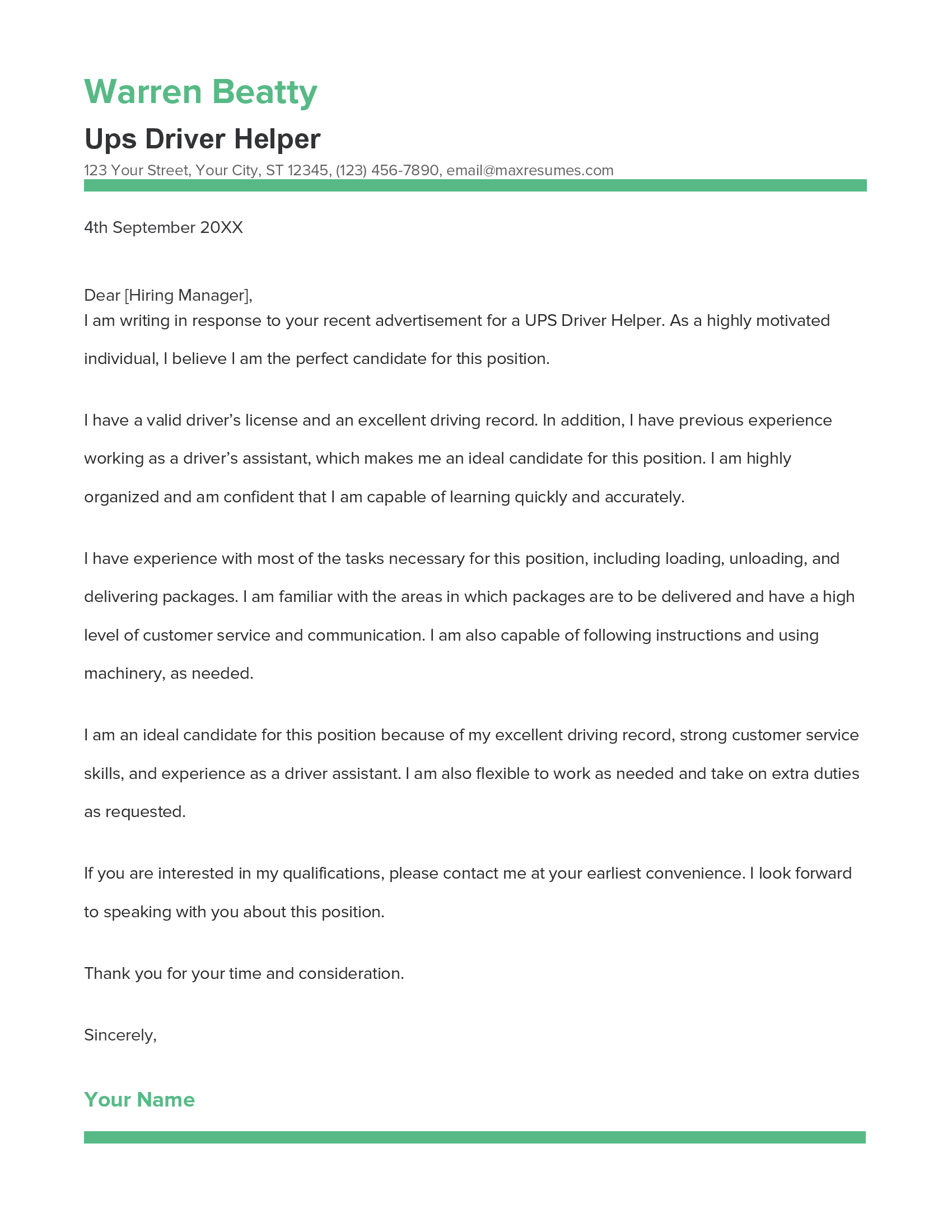 Ups Driver Helper Cover Letter Example
