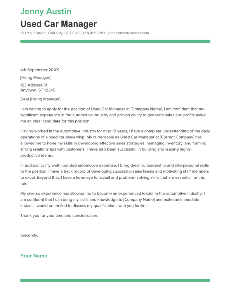 Best Used Car Manager Cover Letter Example for 2023