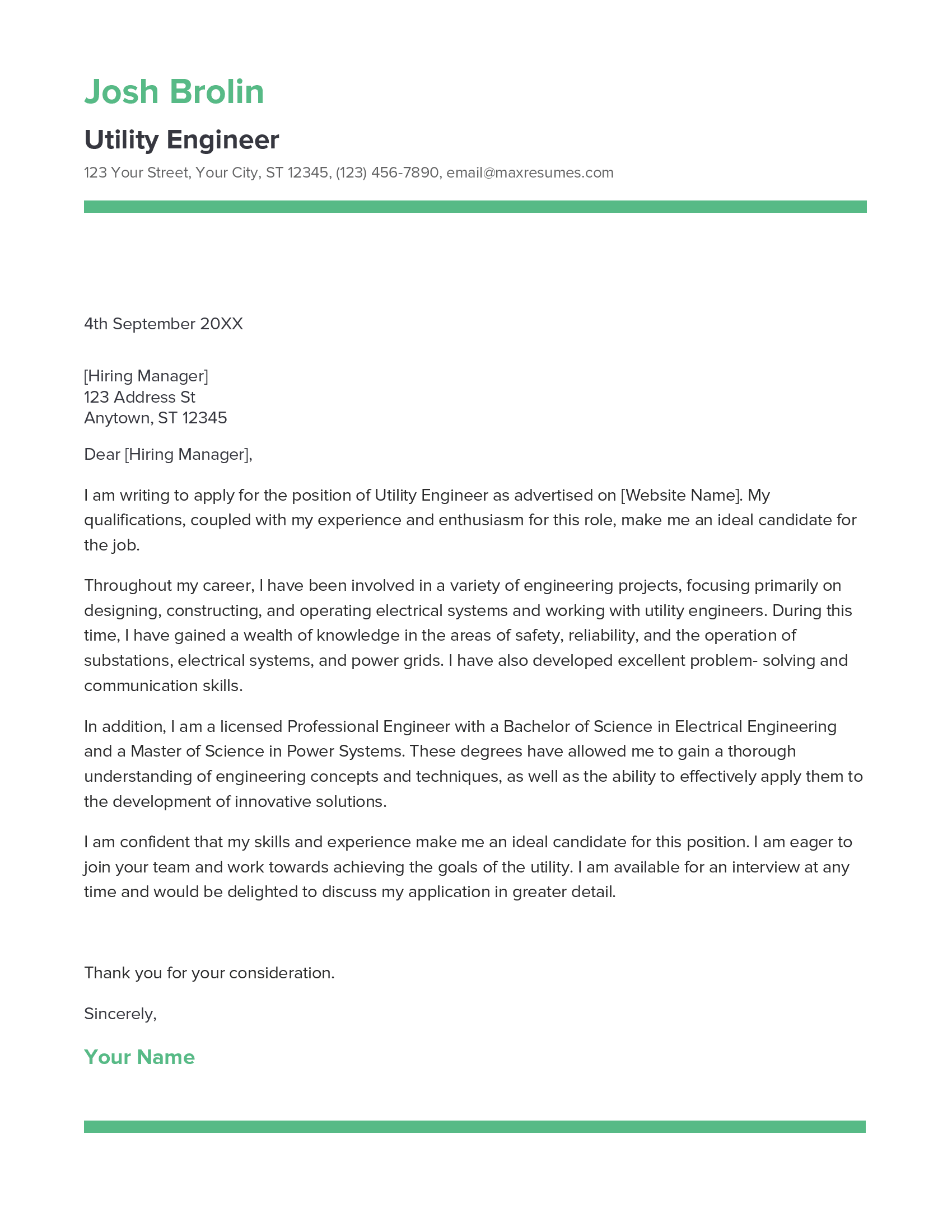 Utility Engineer Cover Letter Example