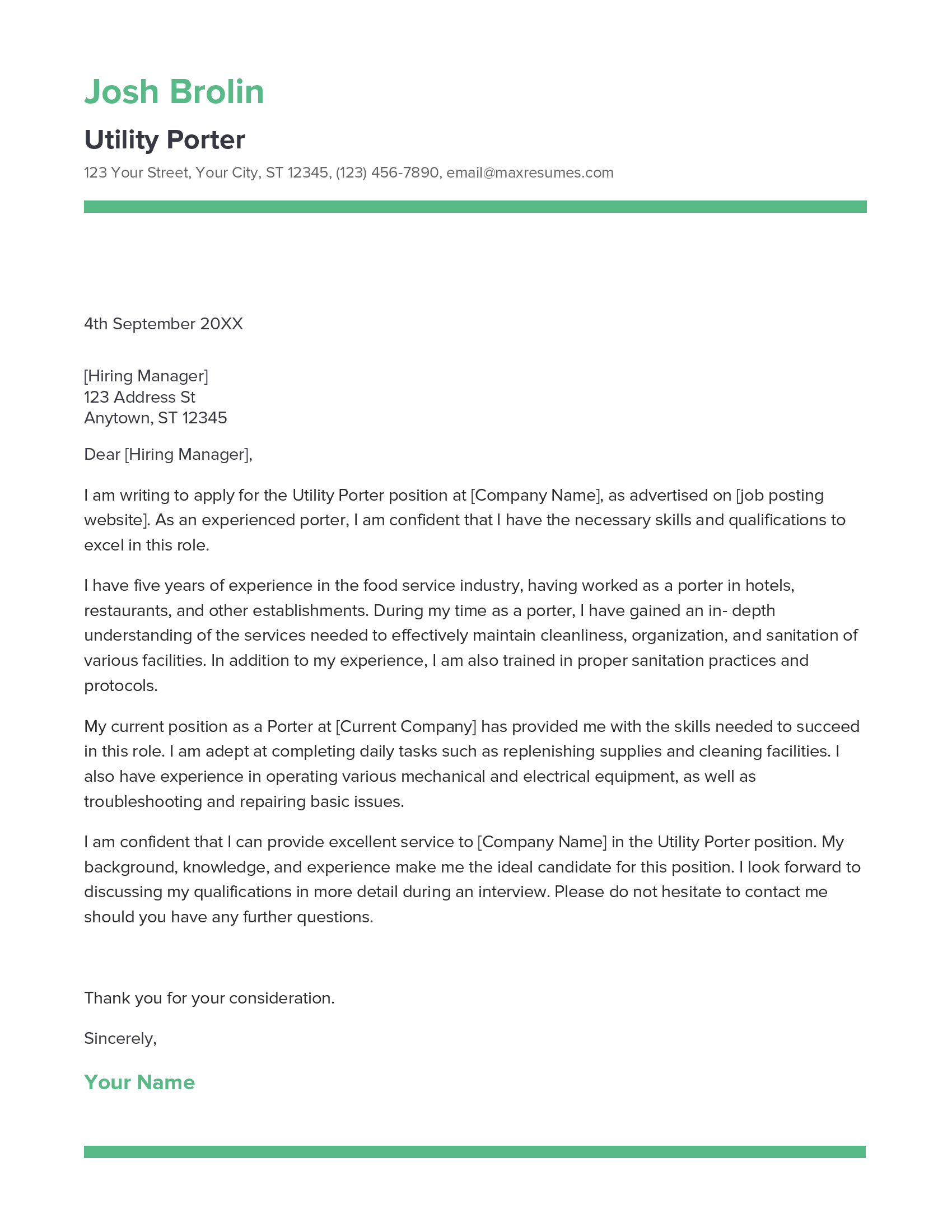 Utility Porter Cover Letter Example
