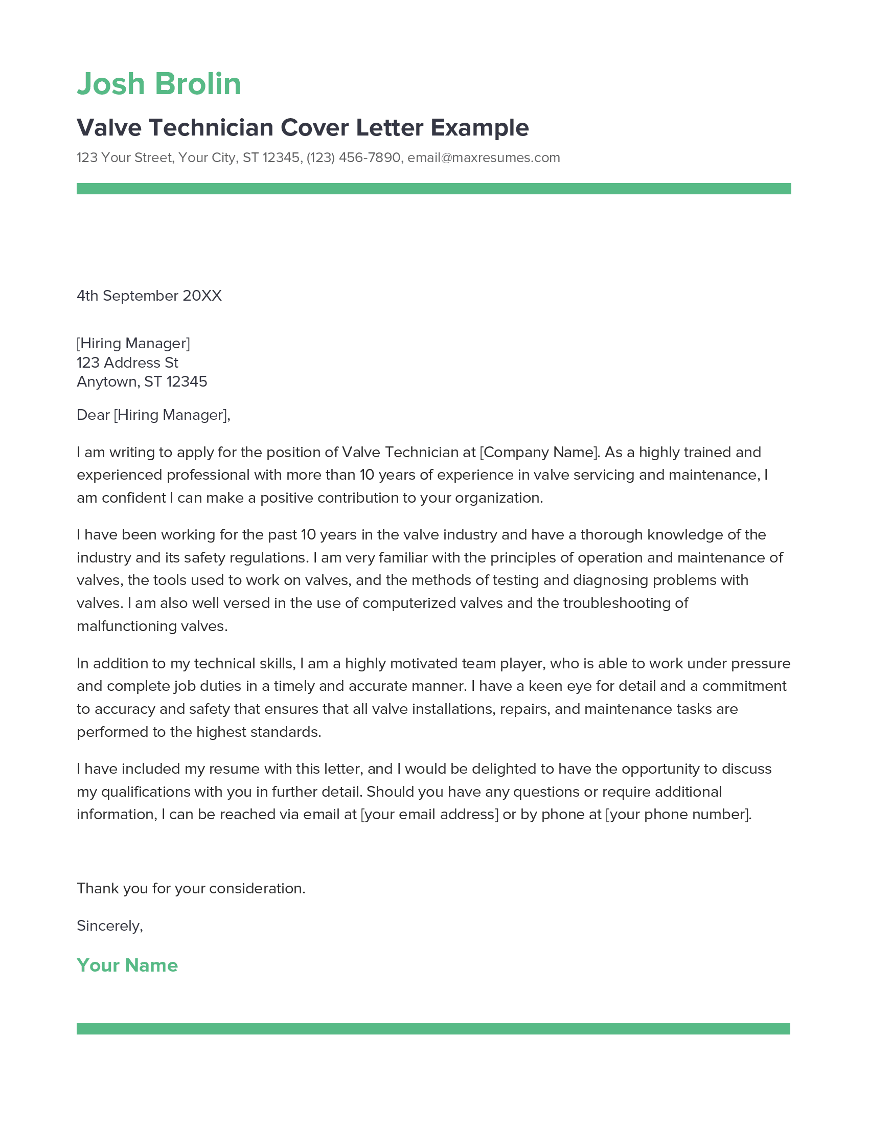 Valve Technician Cover Letter Example