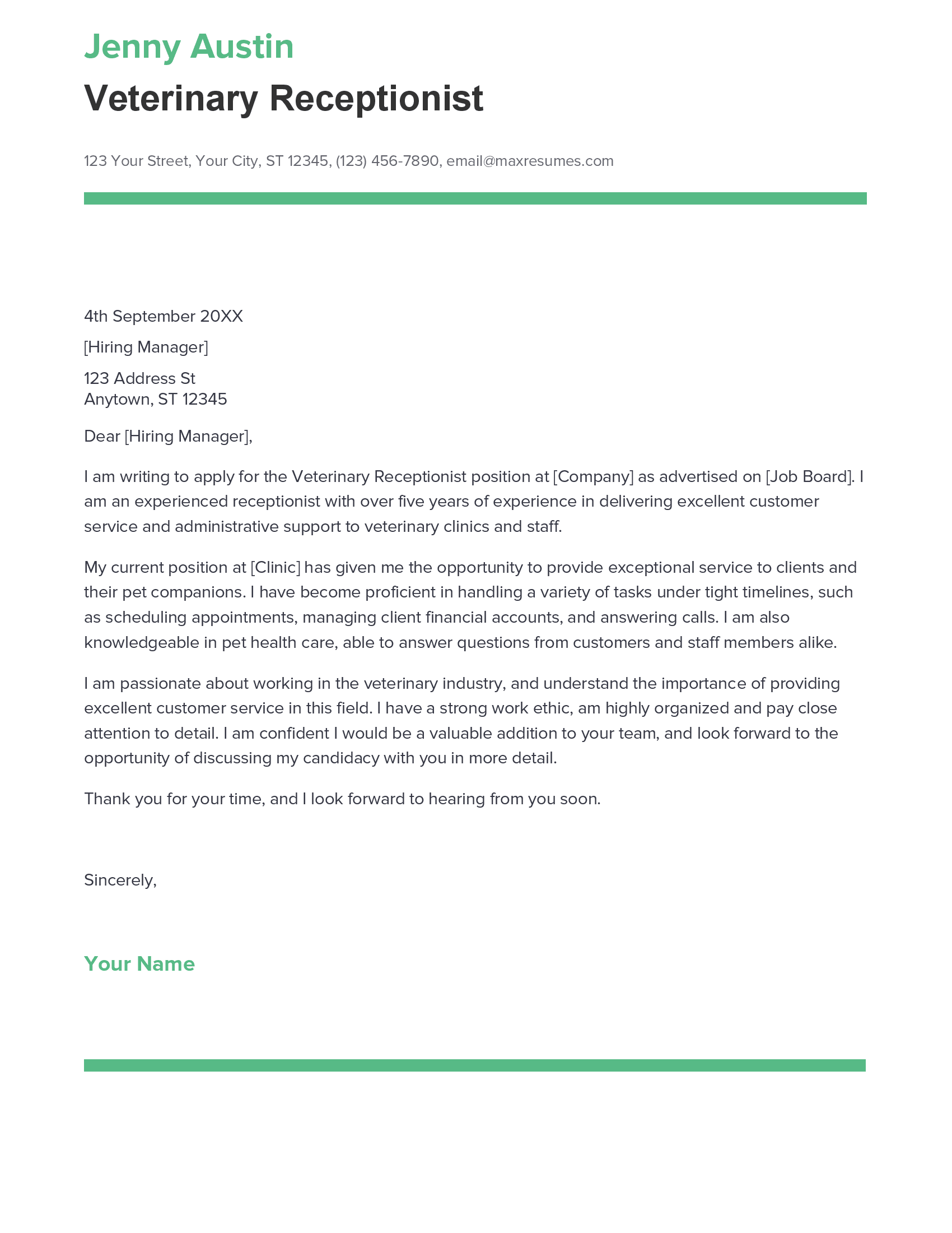Best Veterinary Receptionist Cover Letter Example For 2023