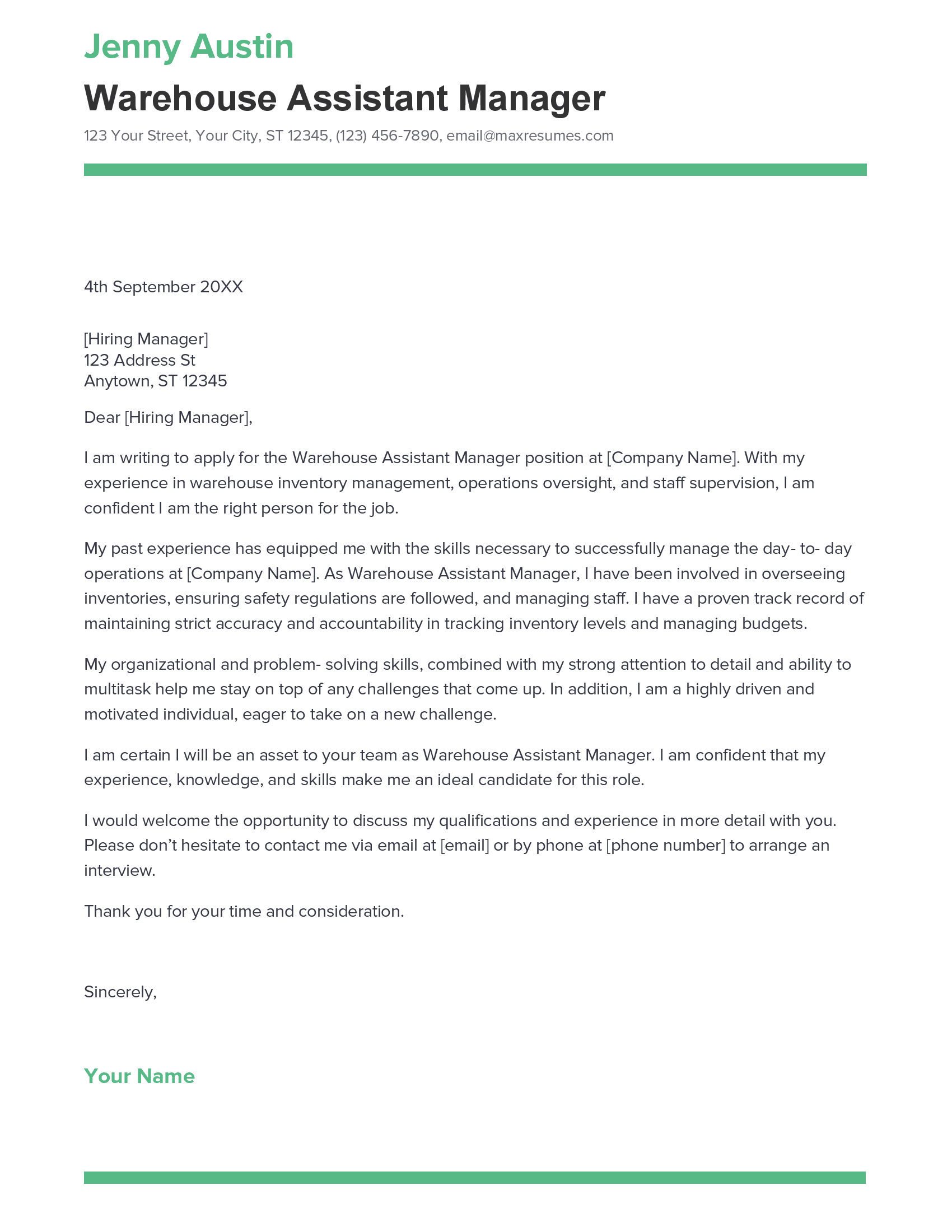 warehouse assistant cover letter sample