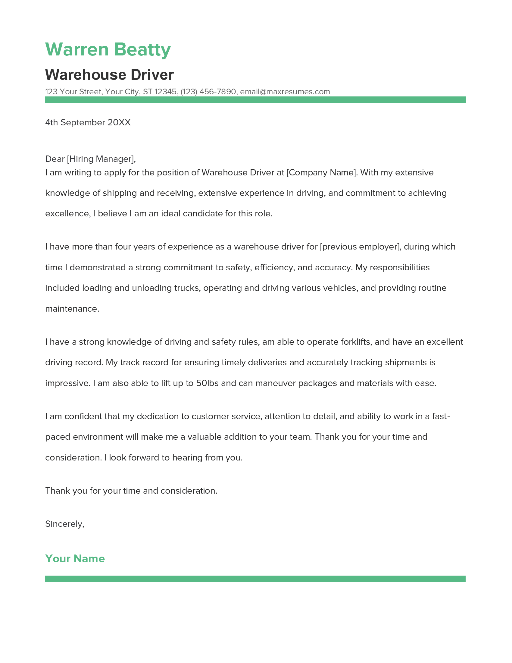 Warehouse Driver Cover Letter Example