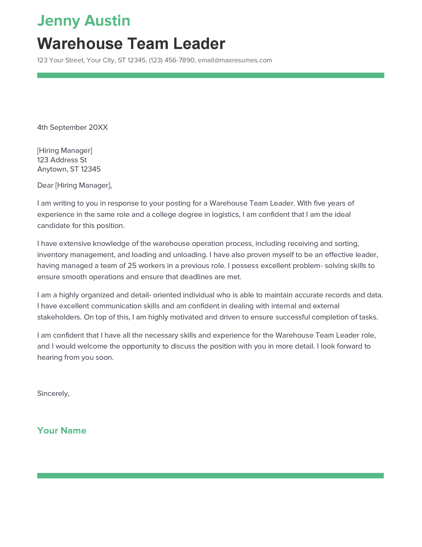 cover letter for warehouse team leader