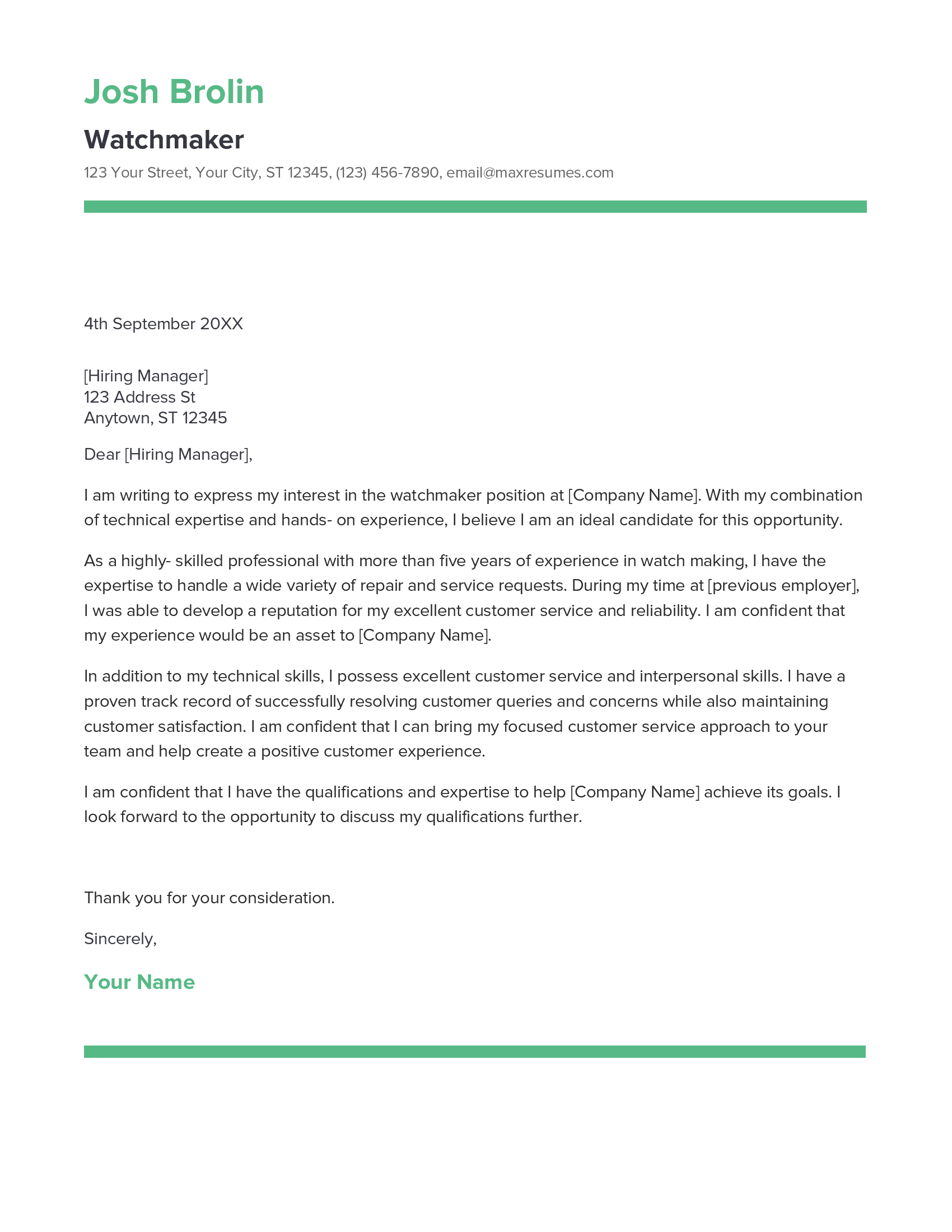 Watchmaker Cover Letter Example