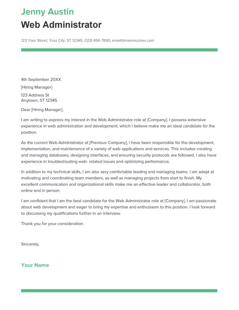 Best Web Administrator Cover Letter Example for 2023
