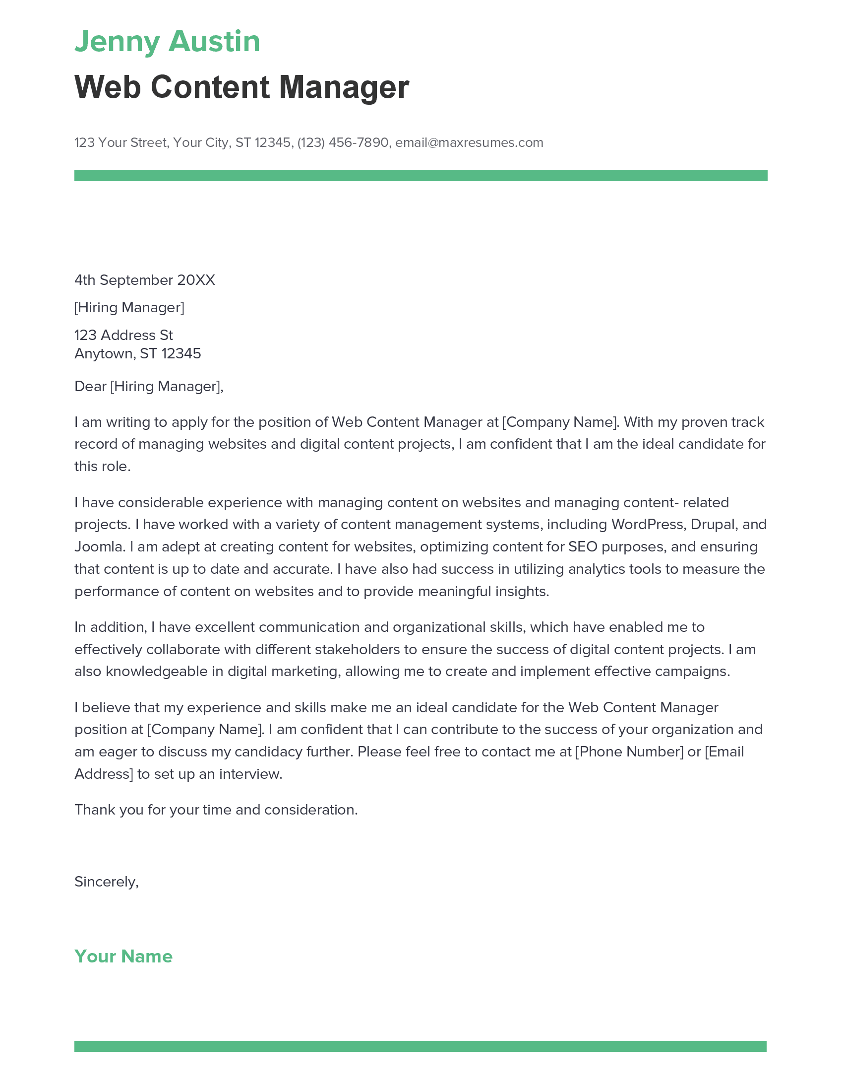 web content manager cover letter