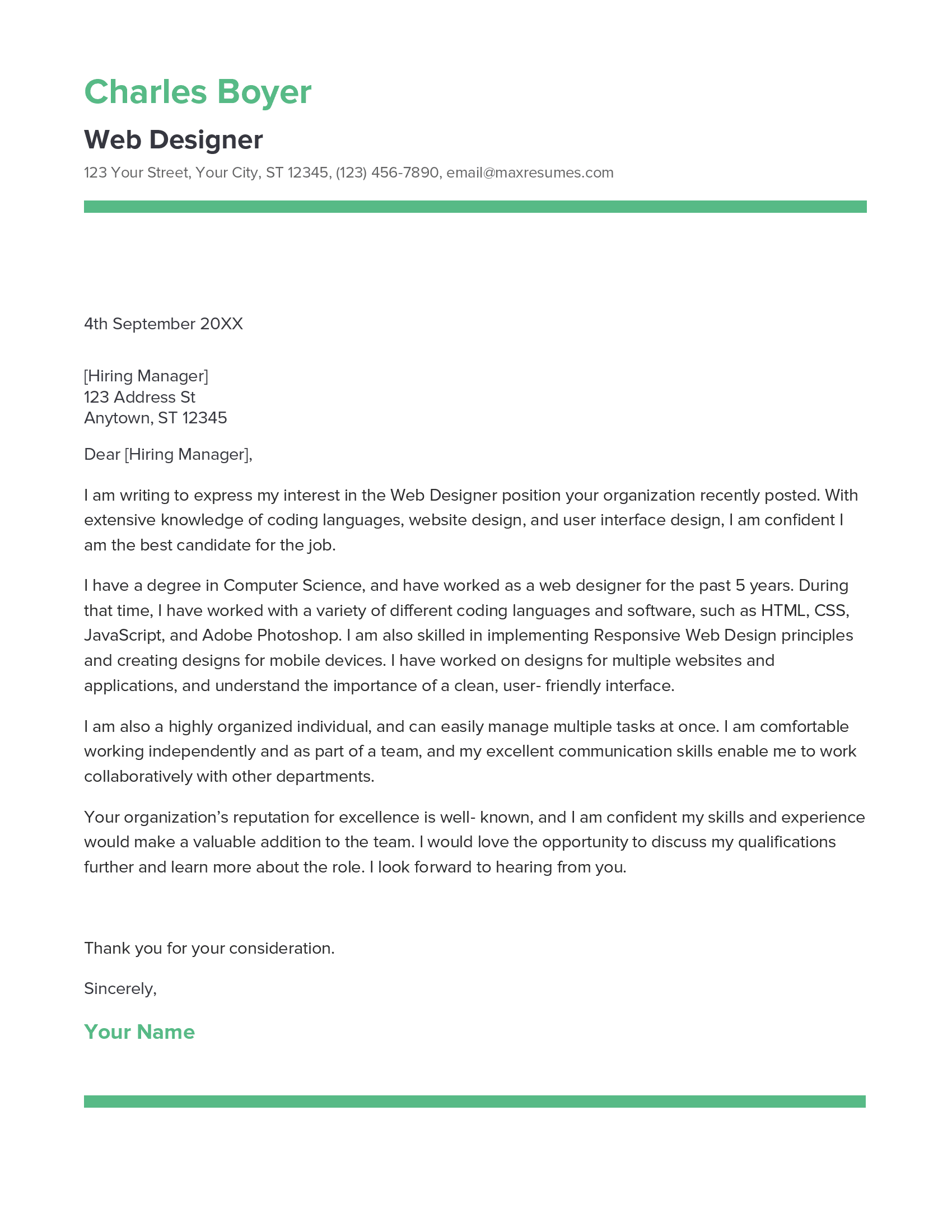 Web Designer Cover Letter Example