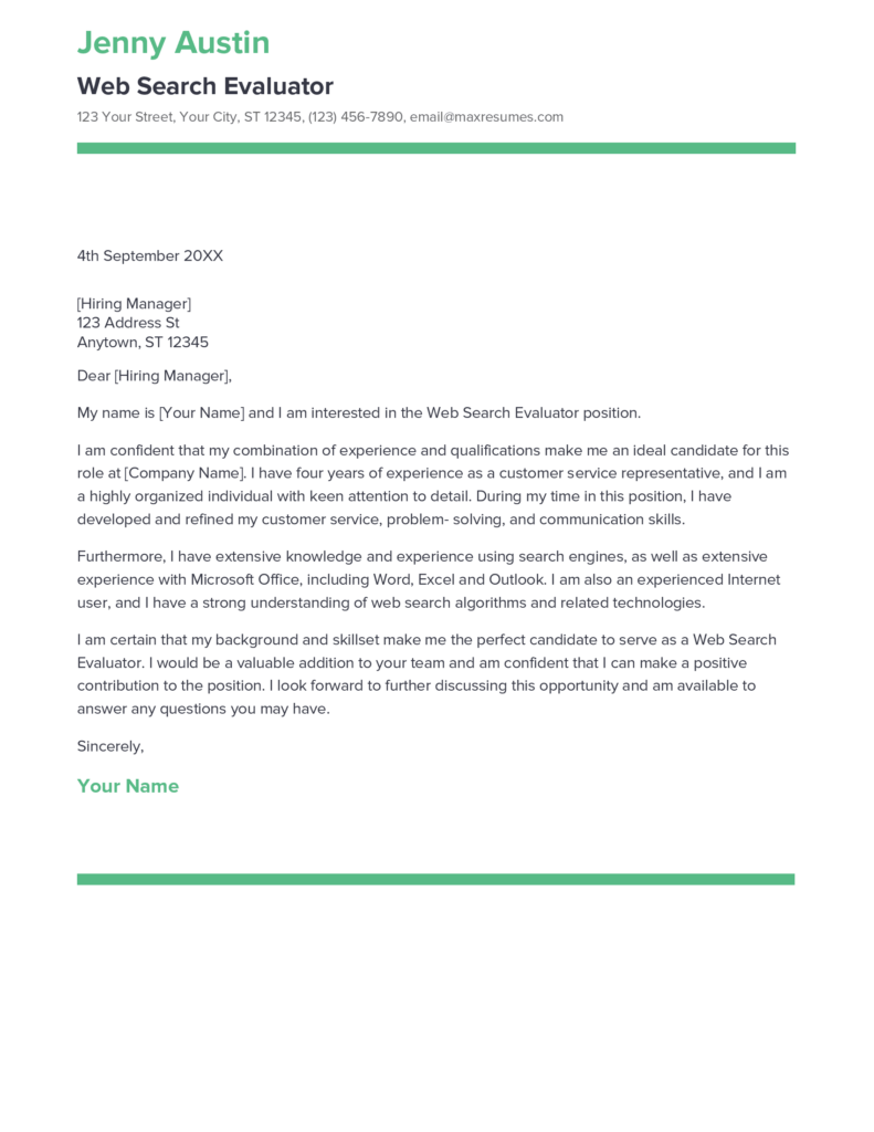 Best Web Search Evaluator Cover Letter Example for 2023