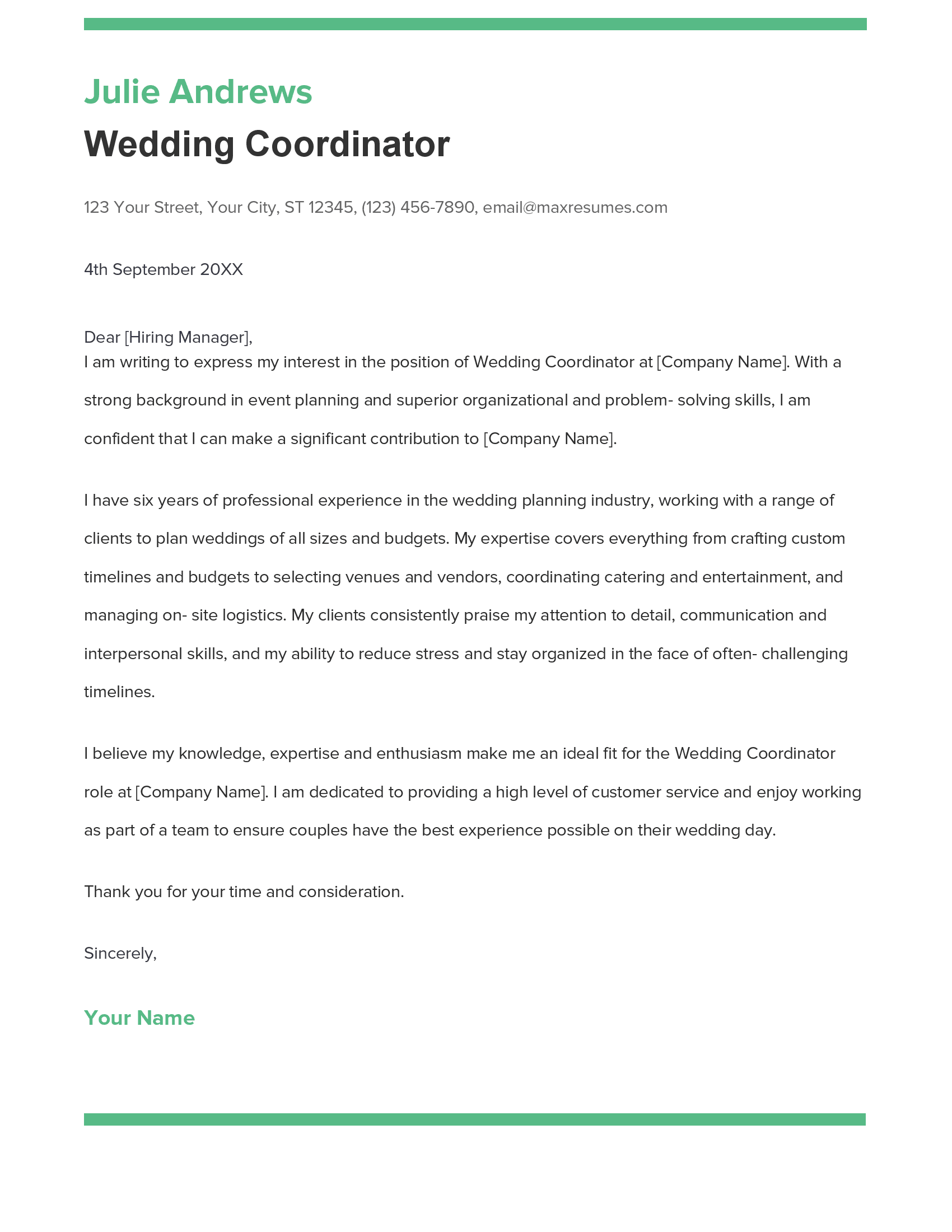 Wedding Coordinator Cover Letter Example