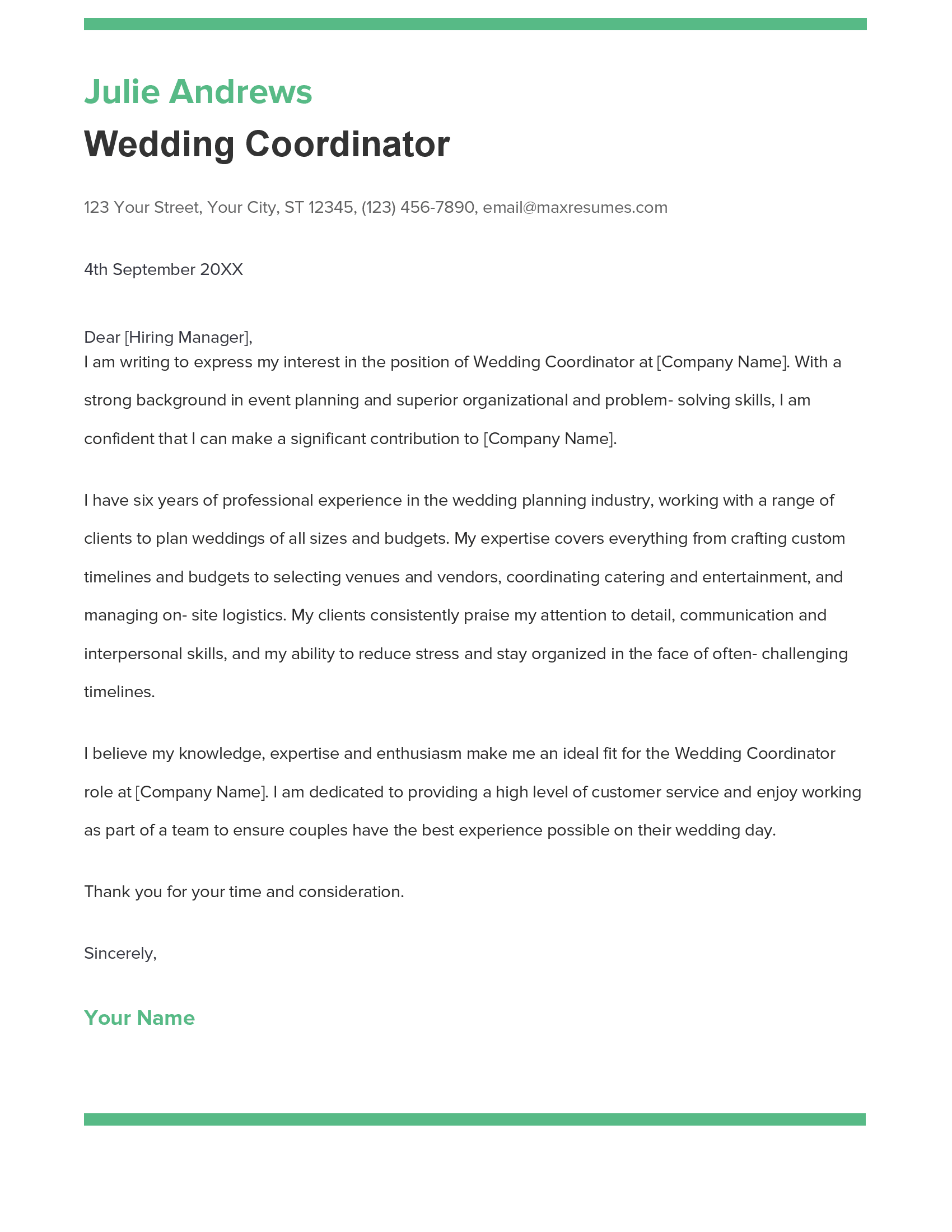 Best Wedding Coordinator Cover Letter Example For 2023