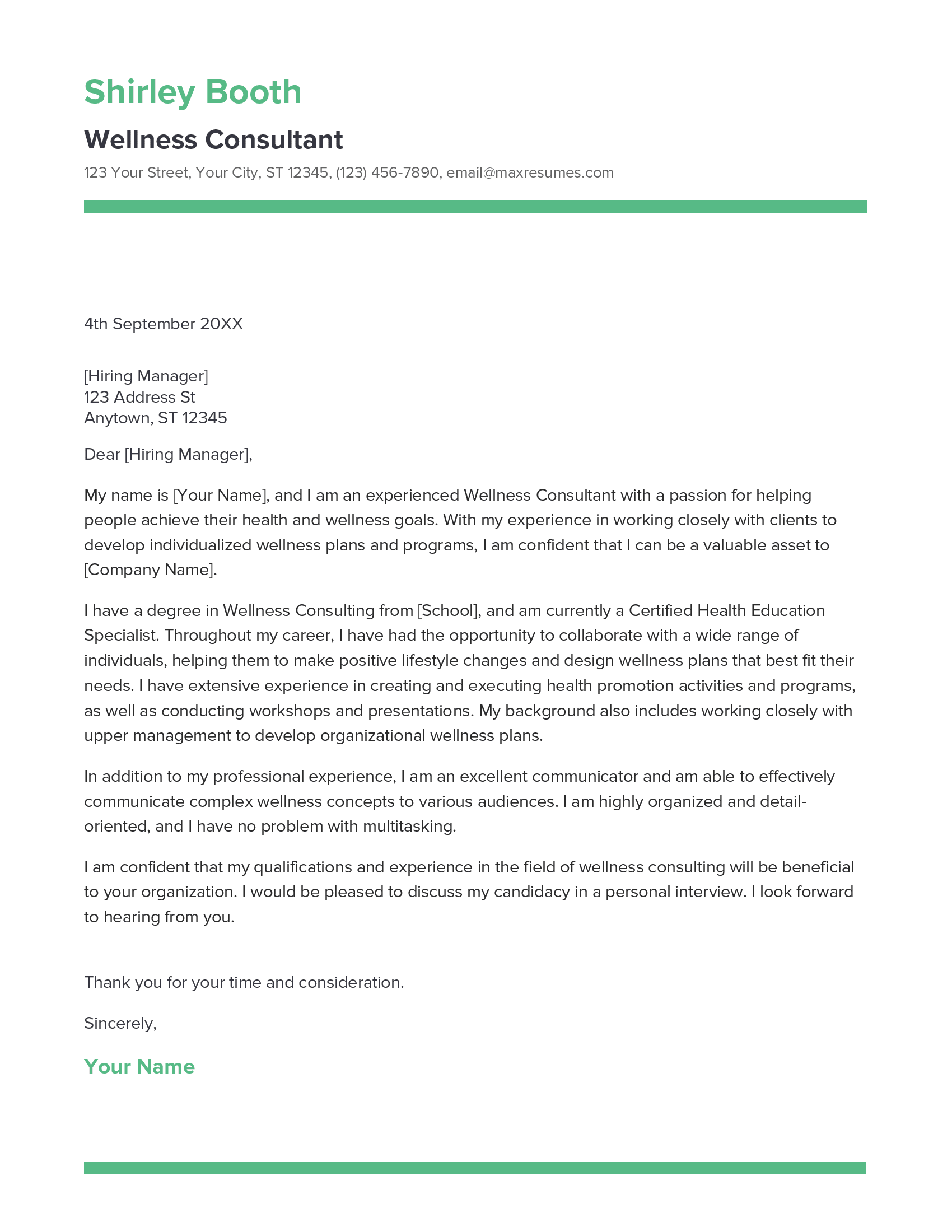 Wellness Consultant Cover Letter Example