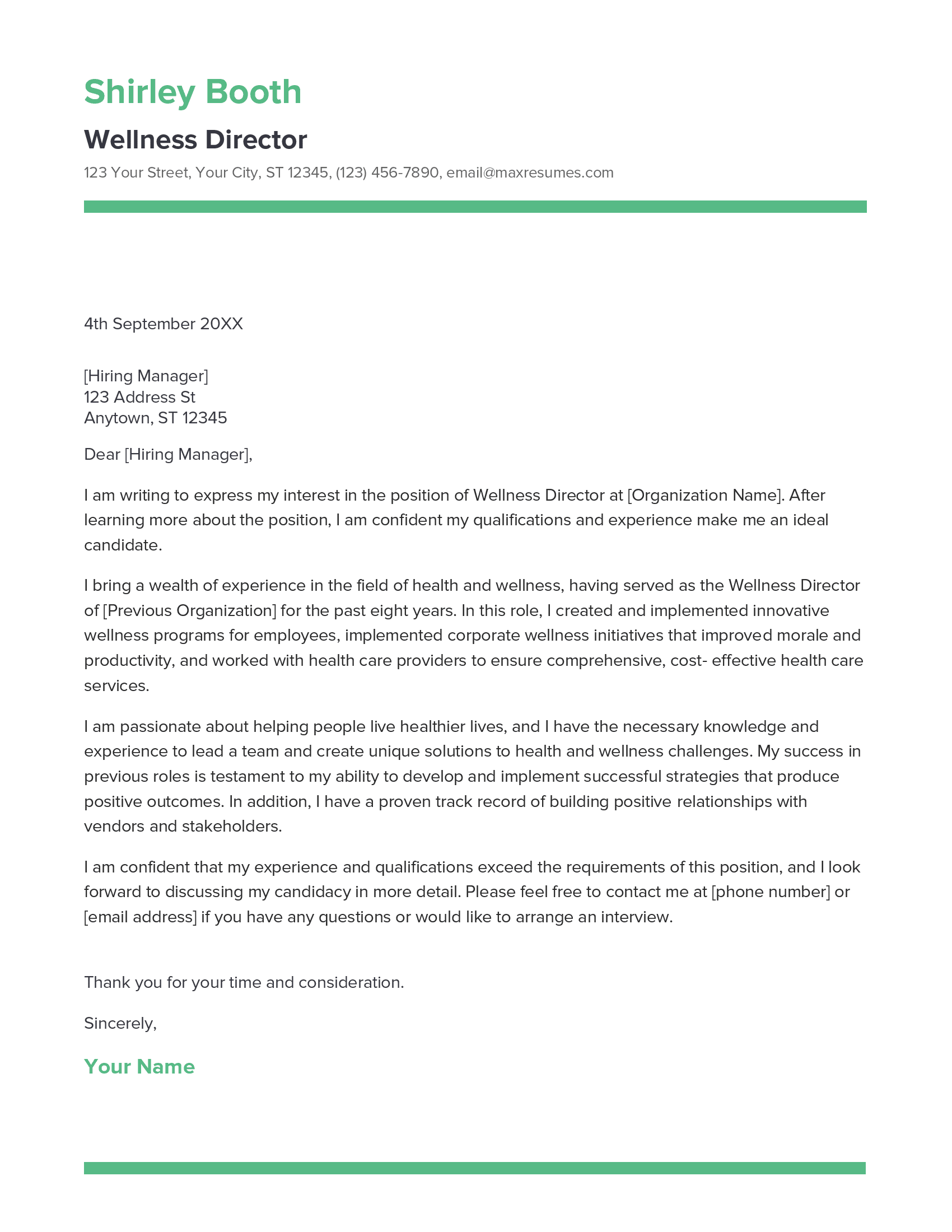 Wellness Director Cover Letter Example