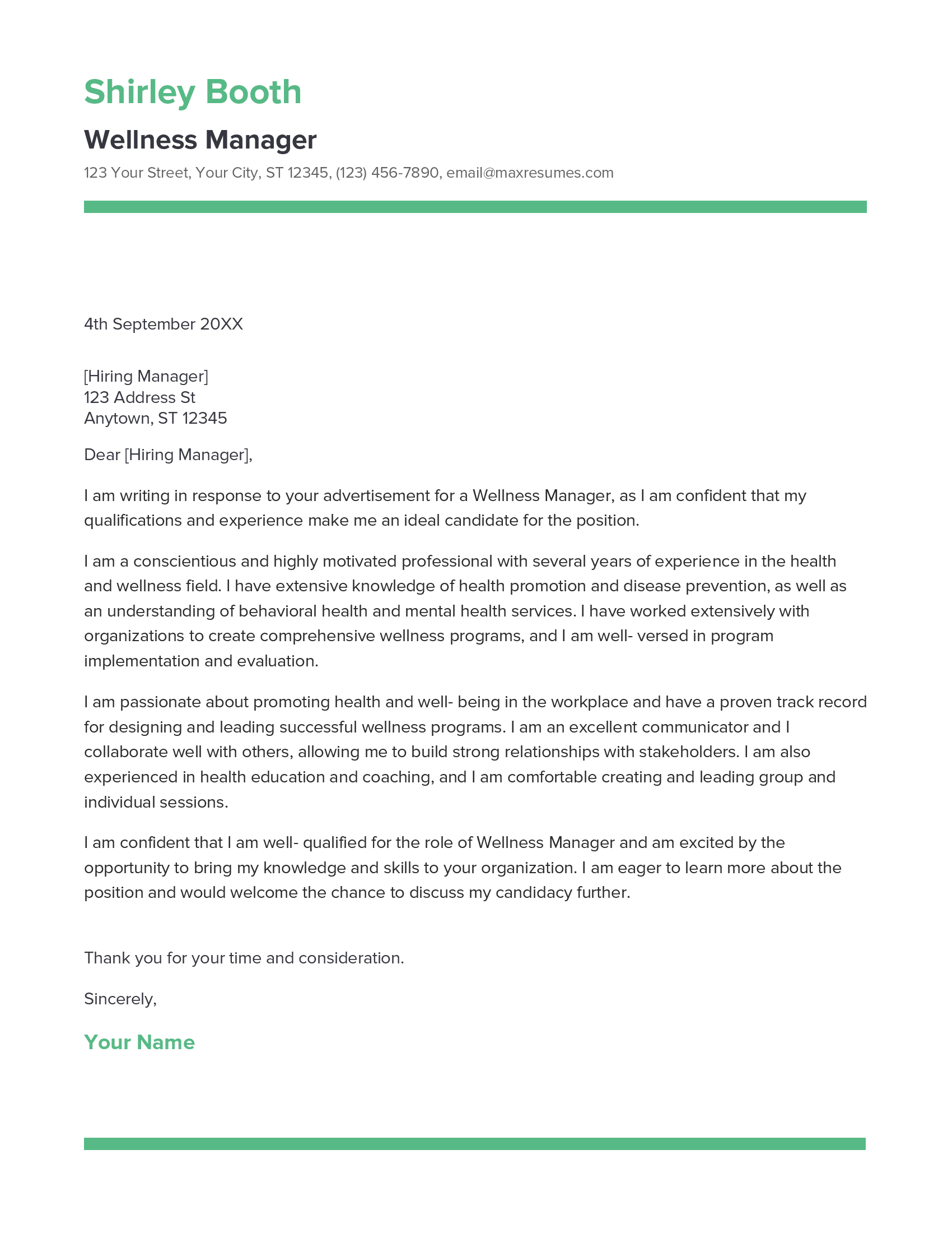 Wellness Manager Cover Letter Example