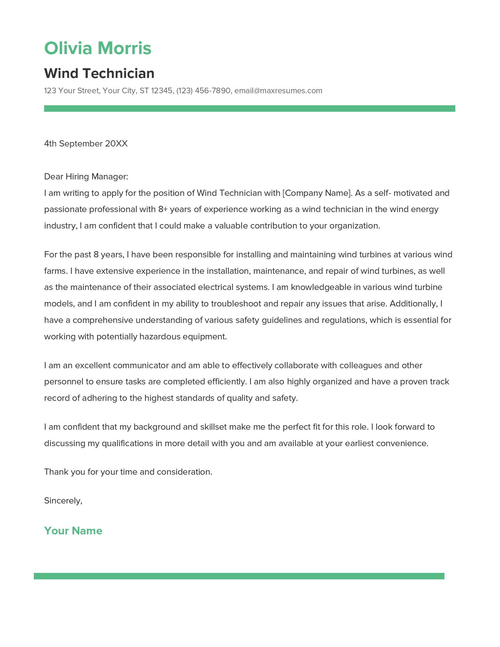 Wind Technician Cover Letter Example