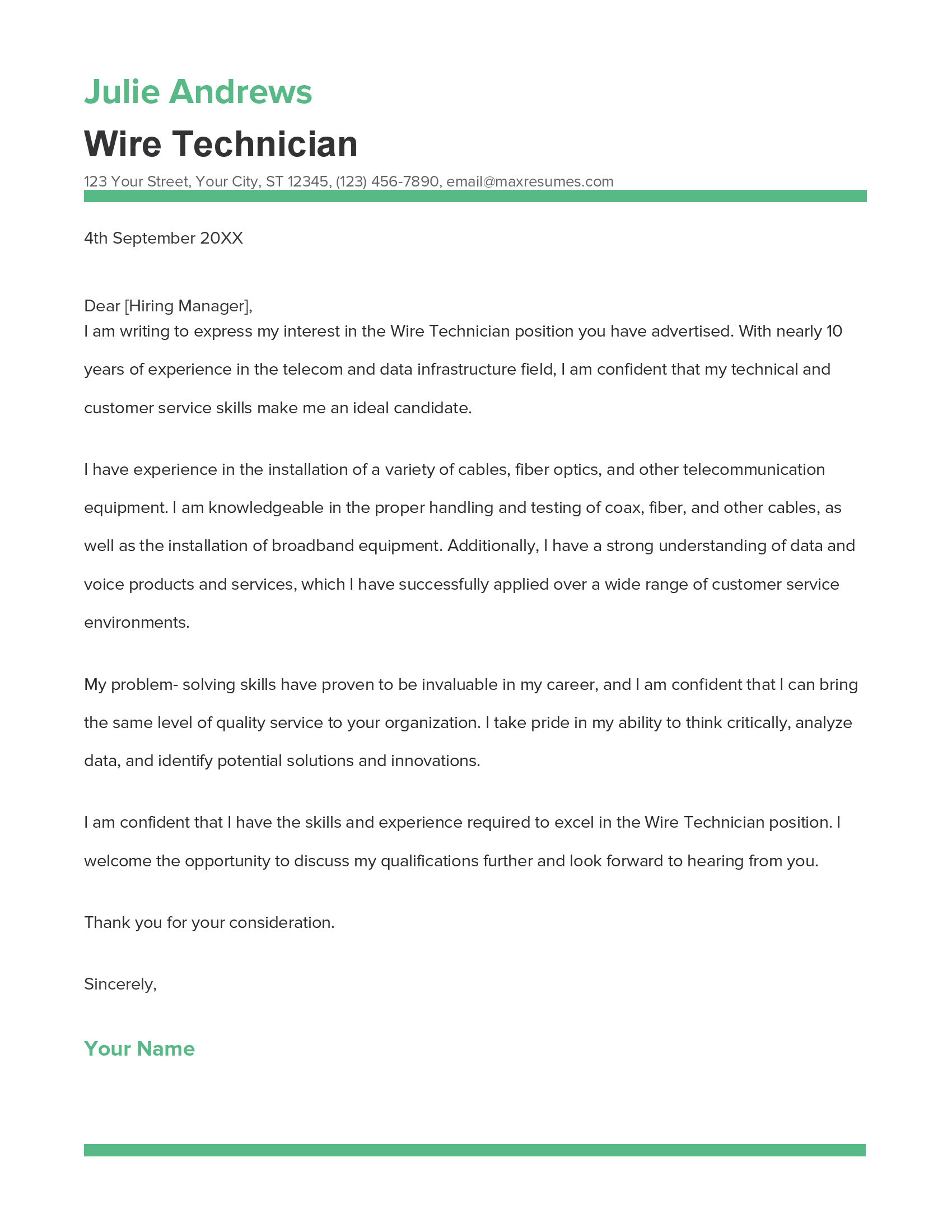 Wire Technician Cover Letter Example