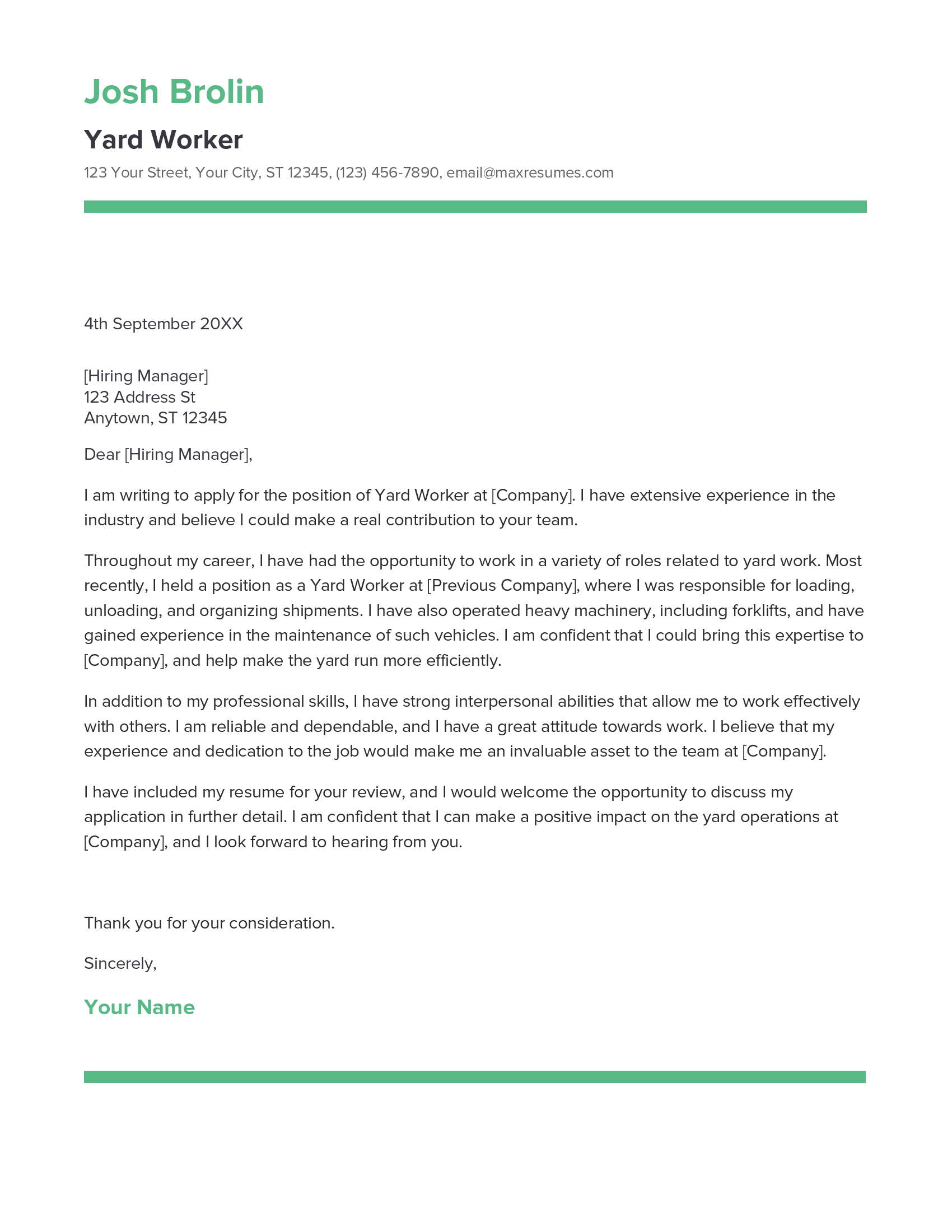 Yard Worker Cover Letter Example