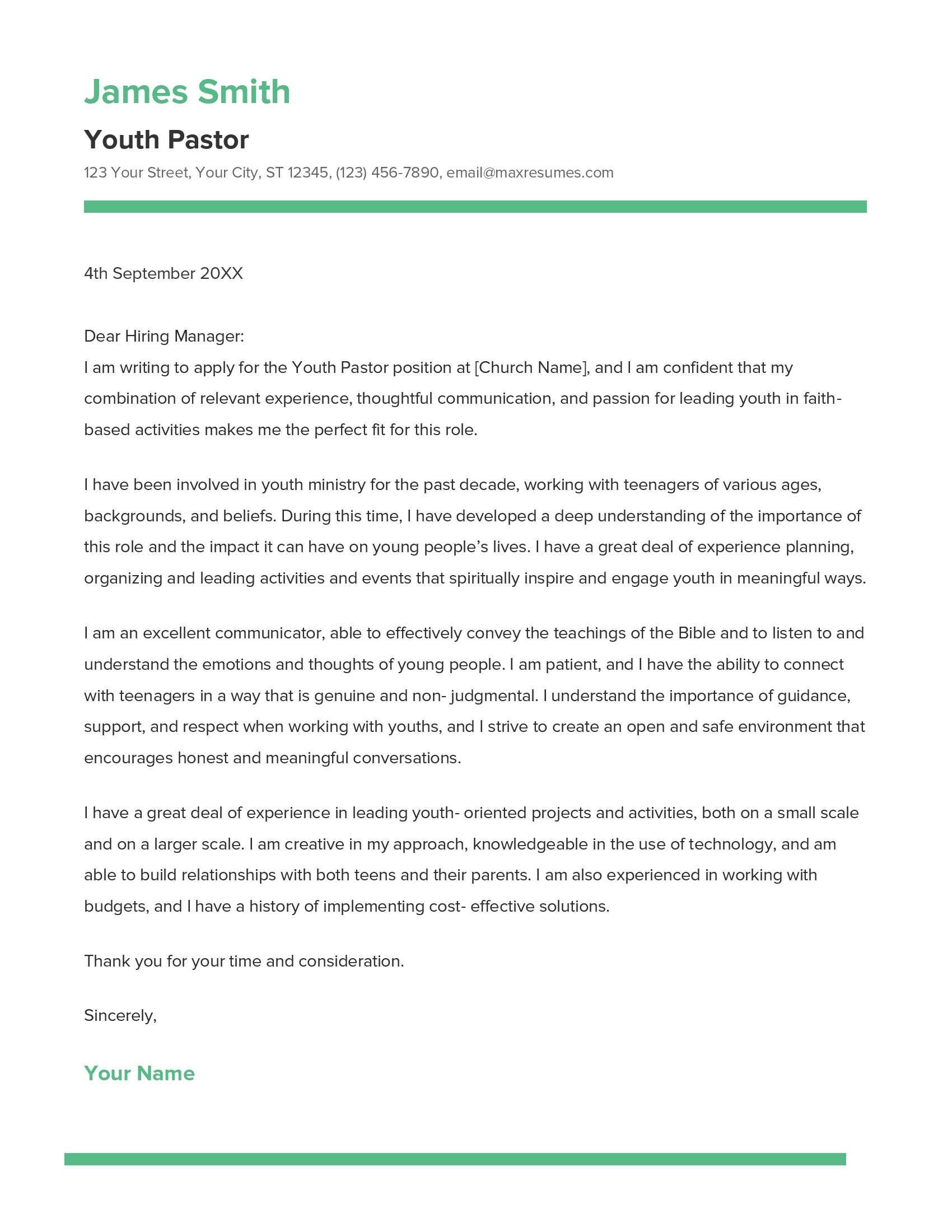 Youth Pastor Cover Letter Example